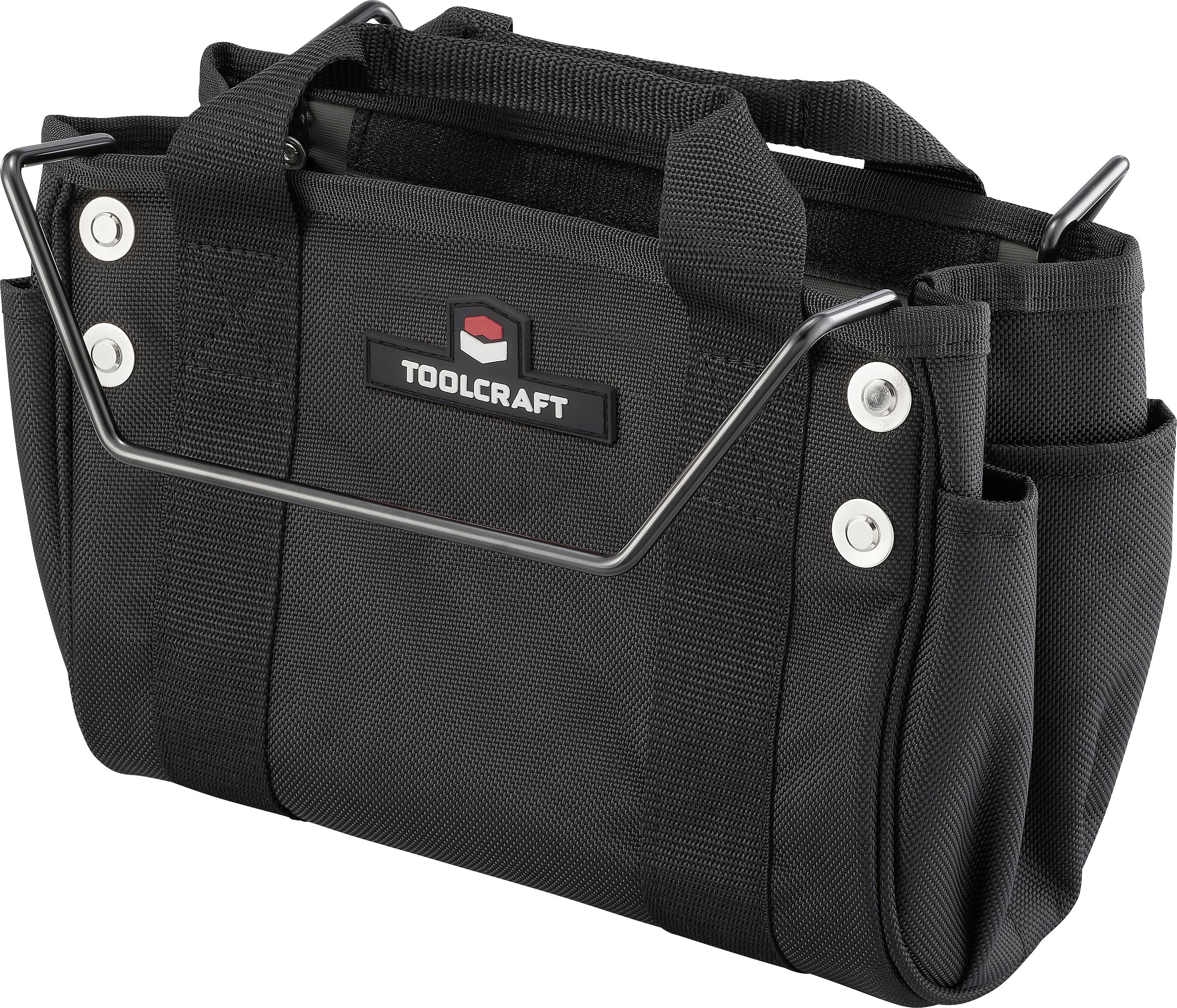 Eine schwarze Toolcraft Werkzeugtasche mit mehreren Taschen und einem Metallgriff, entworfen zum Transportieren verschiedener Werkzeuge und Zubehörteile.