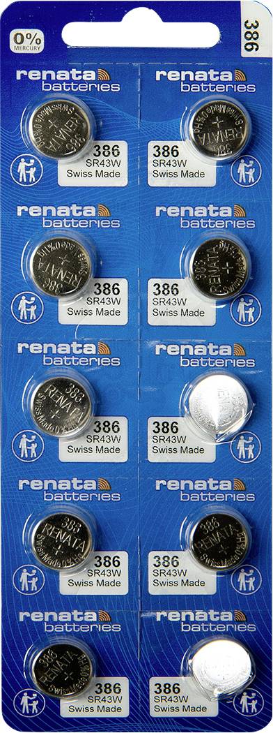 Blisterpackung mit 10 Renata 386 Uhren-Batterien, 1,55V, Schweizer Herstellung.