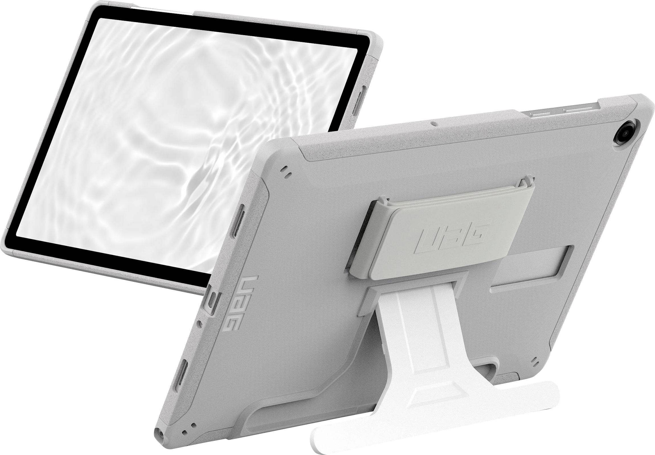 Ein Tablet in einem Schutzgehäuse mit Ständer, auf dem Bildschirm eine Welleneffekt-Animation angezeigt wird, die das Design und die Funktionalität des Tablets demonstriert.