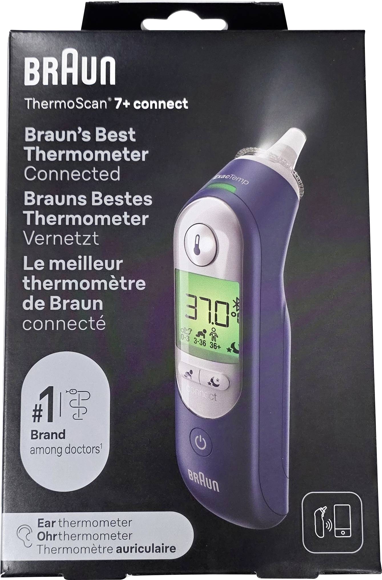 Ein Braun ThermoScan 7+ Connect Ohrthermometer-Set, das das Gerät mit einem Display zeigt, das „37,0
