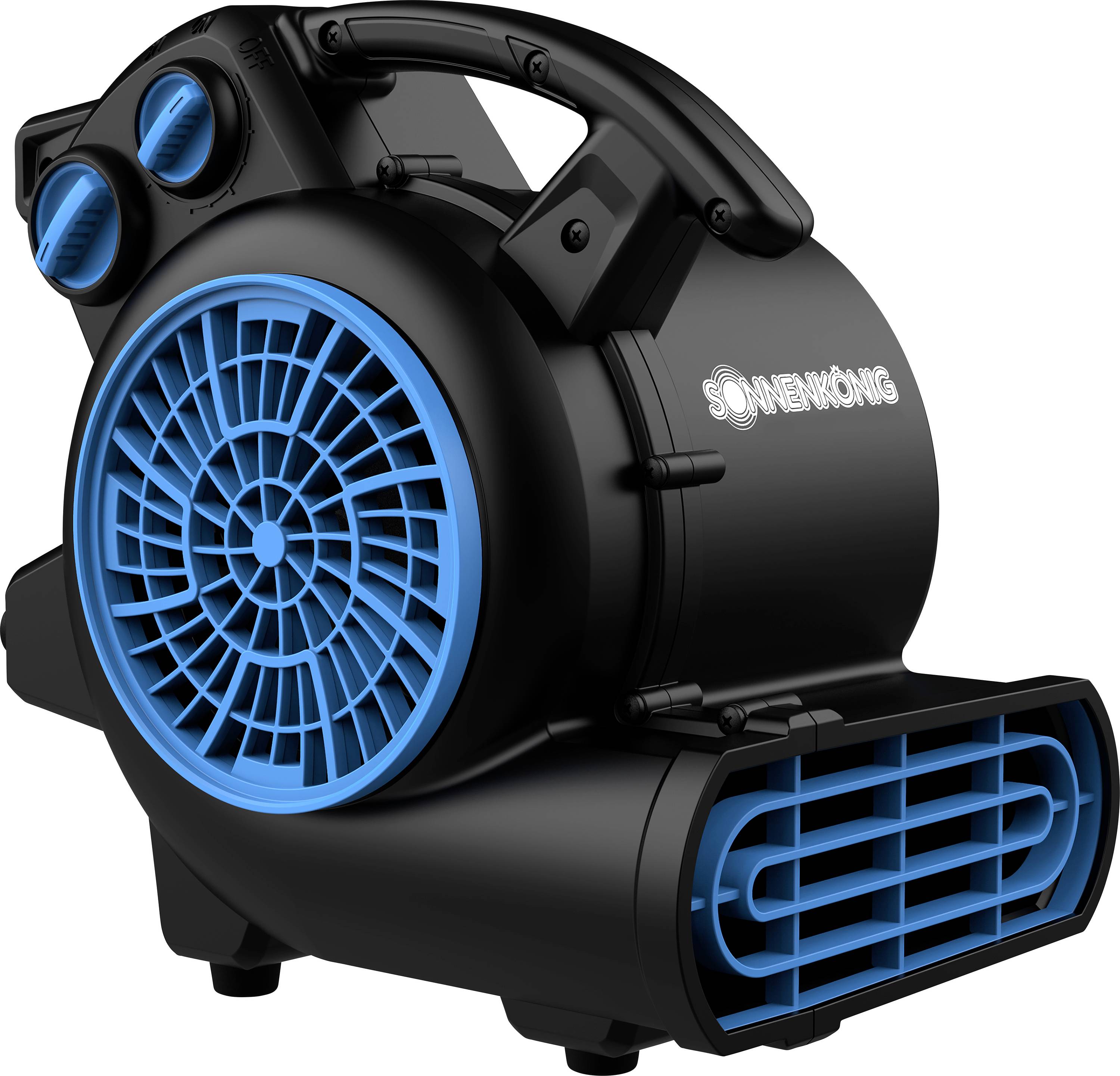 Ein schwarzer und blauer Industrielüfter mit Griff und sichtbaren Lüfterkomponenten.