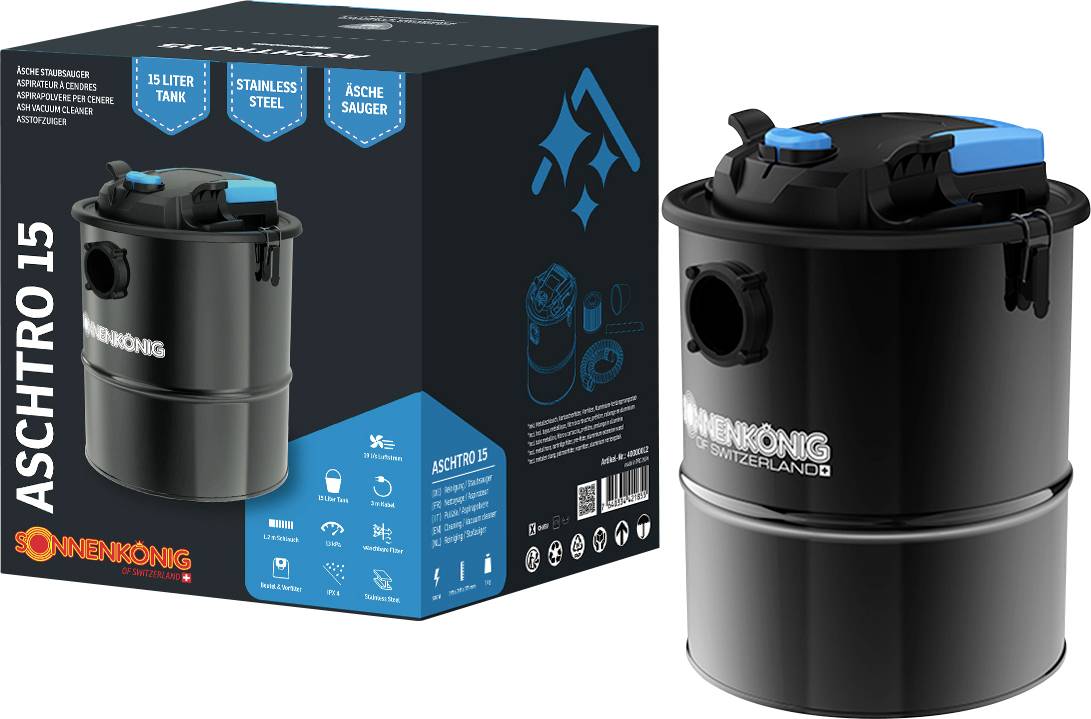 „Ein schwarz-blauer ASCHTRO 15 Staubsauger mit passendem Karton, der Funktionen wie das Filtersystem und die Ascheentleerung hervorhebt.
