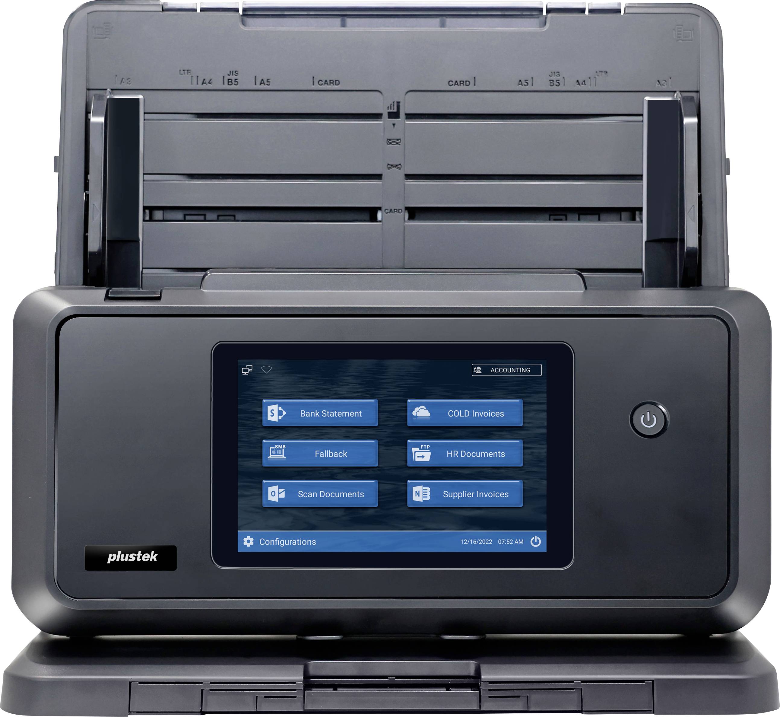 Ein Hochgeschwindigkeits-Dokumentenscanner mit offener Eingabeschale, mit einem Touchscreen mit Funktionen wie „Scannen