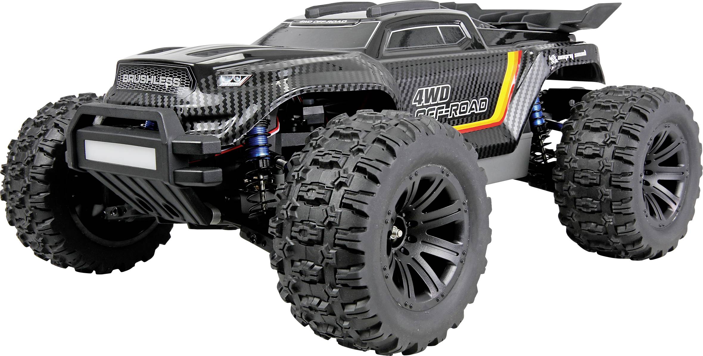 Ein schwarzer und gelber ferngesteuerter Geländewagen mit großen strukturierten Reifen und der Aufschrift „4WD Offroad