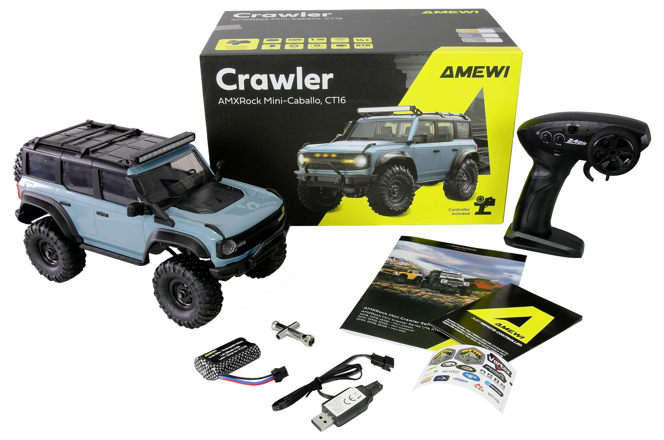 Modell Crawler AMXRock Mini CT16 RC-Autosatz mit Fernbedienung, Handbücher, Ladegerät und Ersatzteile, verpackt zur Ausstellung.