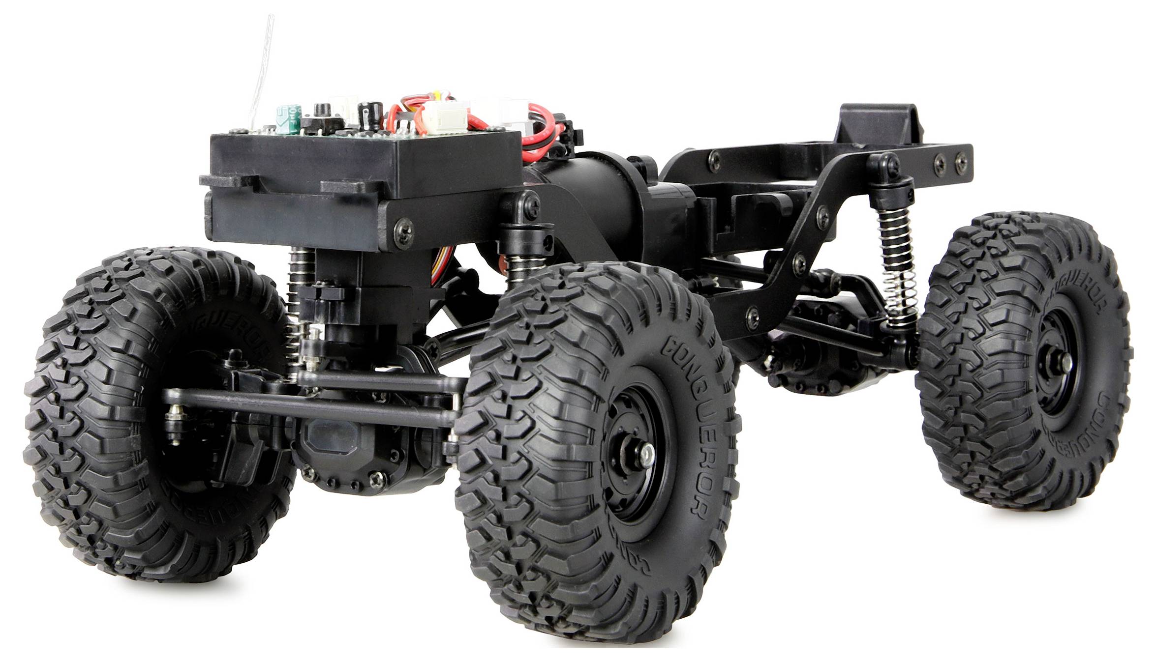 Vierrädriges ferngesteuertes Auto-Chassis mit sichtbarem Federungssystem und elektronischen Komponenten, das für die Geländenutzung konzipiert ist.