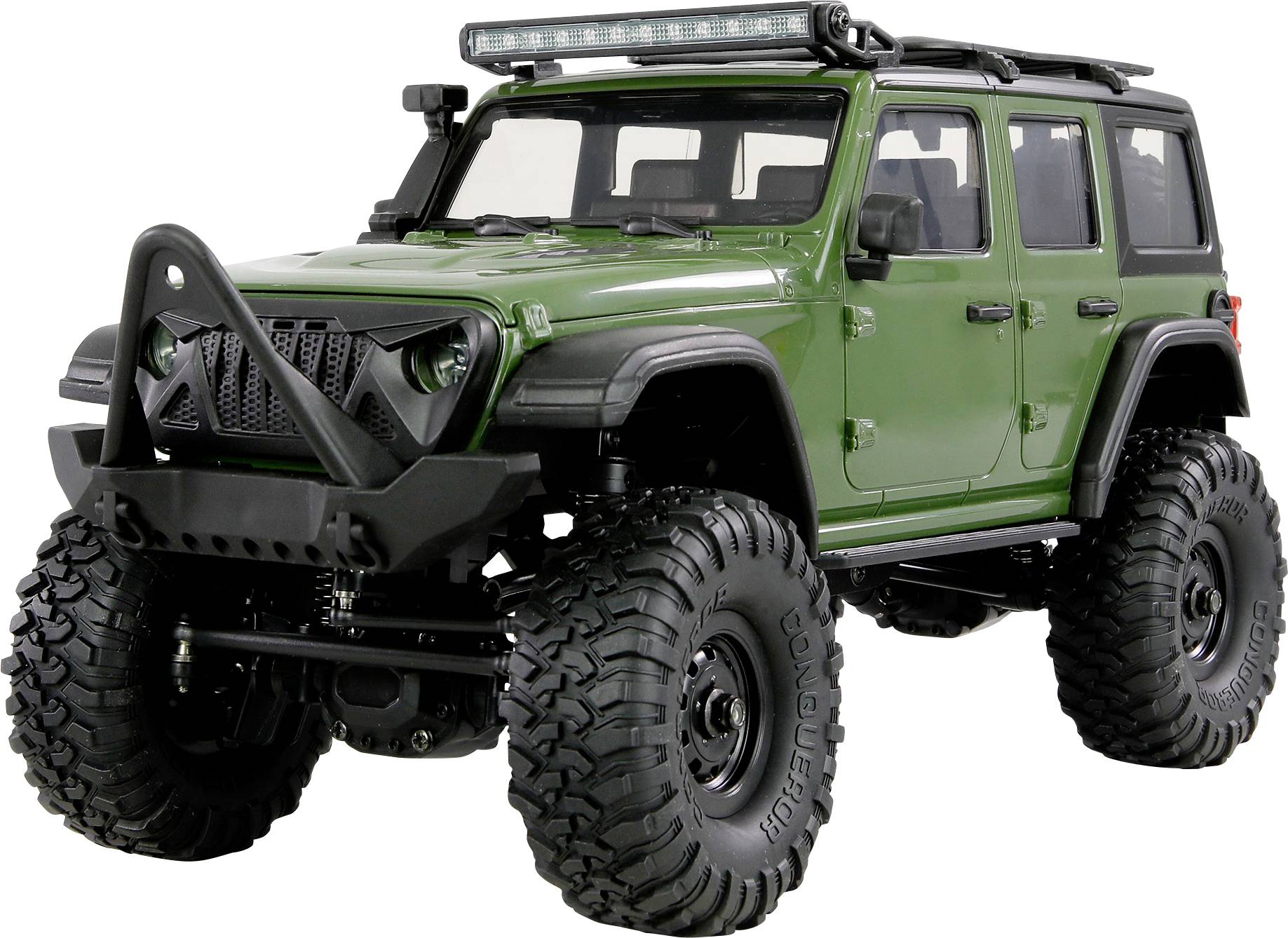 Ein grünes Geländefahrzeug mit großen Reifen und einer Dachleuchtenleiste, entwickelt für raues Gelände.