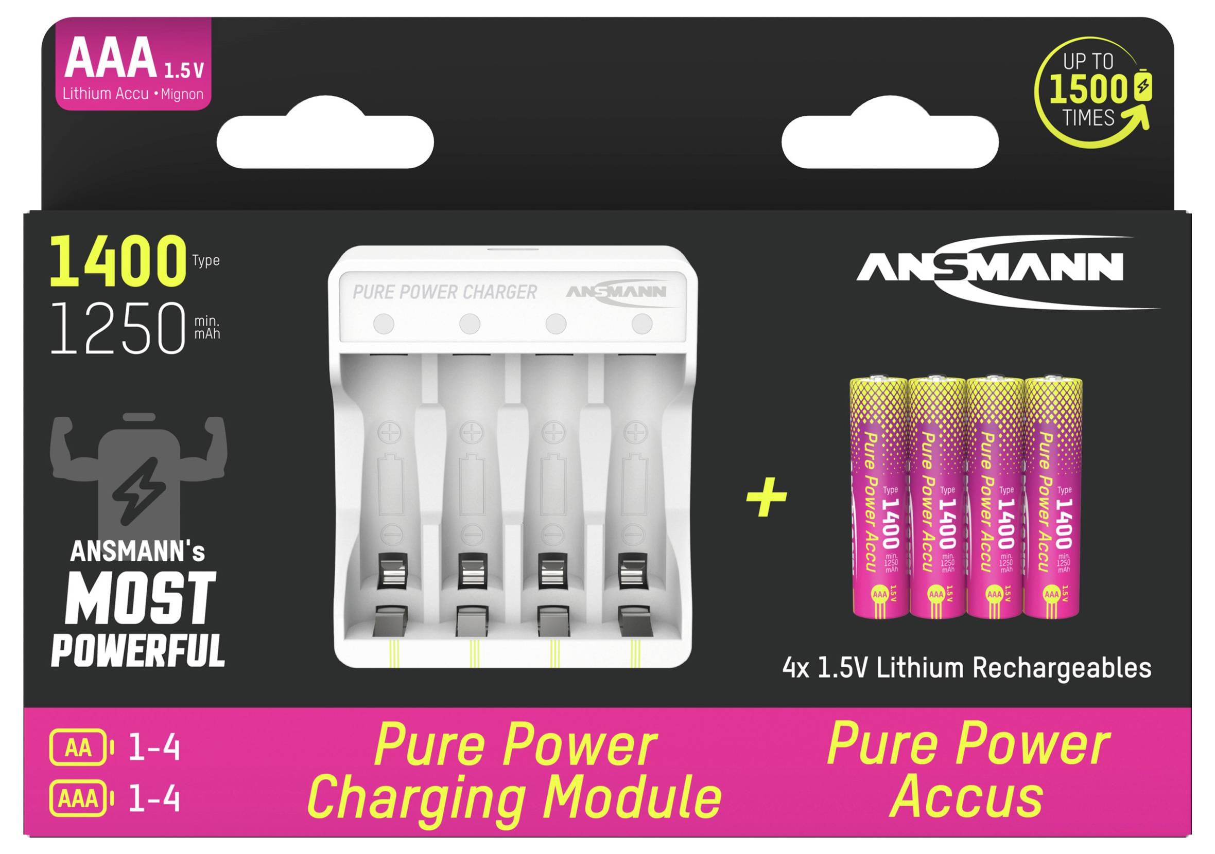 Ansmann Pure Power Set 4× Micro AAA Akkus und Lademodul Micro (AAA)-Akku NiMH 1250 mAh 1.2V 1St.