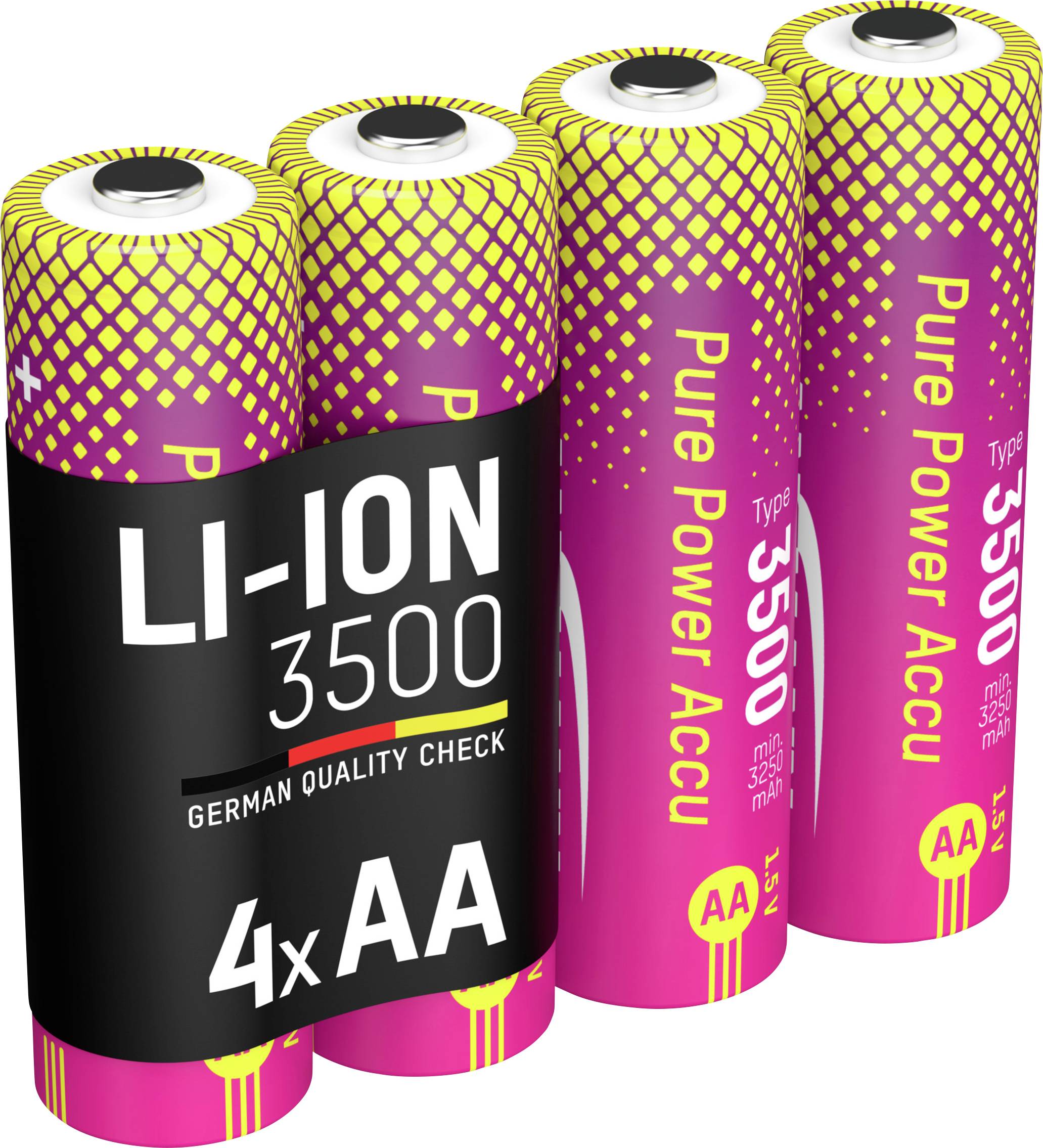 Vier AA-Lithium-Ionen-Batterien mit Text: LI-ION 3500, German Quality Check, Pure Power/Accu, Typ 3500.