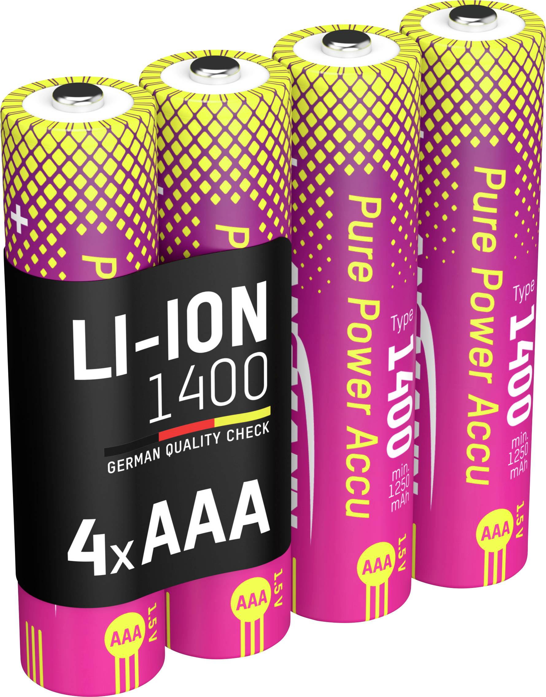 „Vier rosa und gelbe AAA-Lithium-Ionen-Batterien mit der Bezeichnung LI-ION 1400, Pure Power Accu, jeweils mit einer Kapazität von 1250mAh.