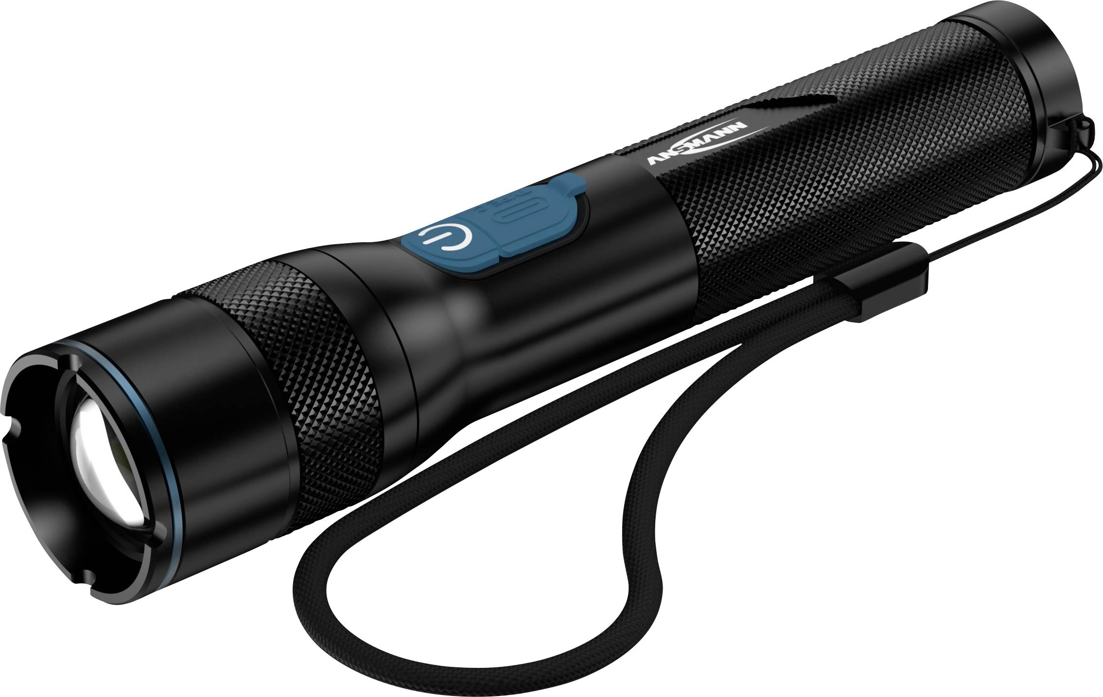 Eine schwarze Taschenlampe mit strukturiertem Griff, blauem Einschaltknopf und Handgelenkschlaufe, diagonal nach rechts zum Betrachter geneigt.