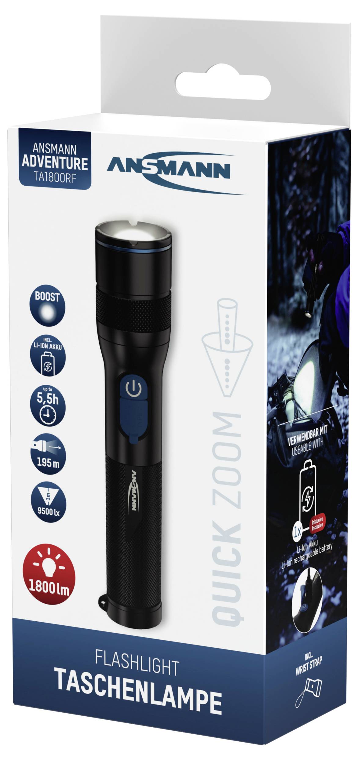 Ansmann LED Taschenlampe Adventure TA1800RF wiederaufladbar SMD LED Taschenlampe Große Reichweite akkubetrieben 1800lm 6h 182g