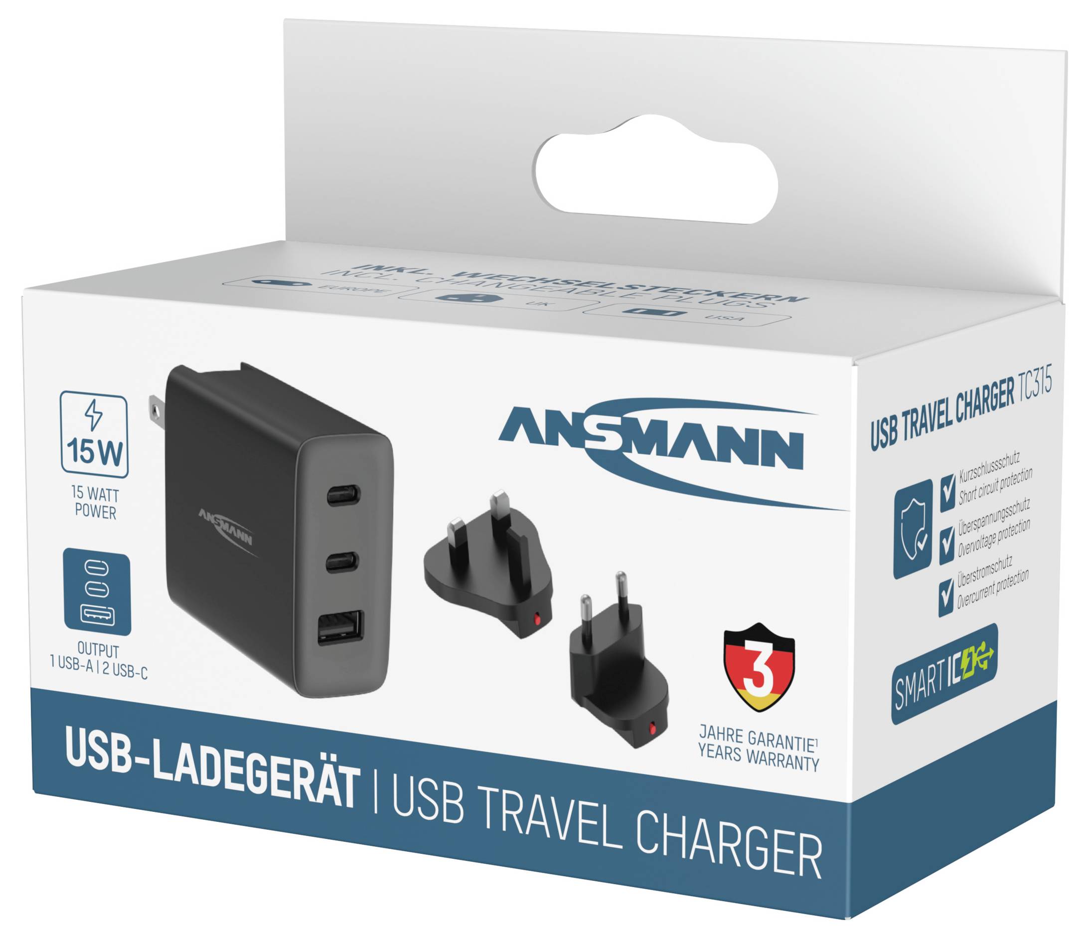 Ansmann USB-Ladegerät Travel Charger TC315 / 3A / 15,5W / 3 Port USB Ladegerät 15.5W USB-A Buchse Smart IC Schwarz Innenbereich