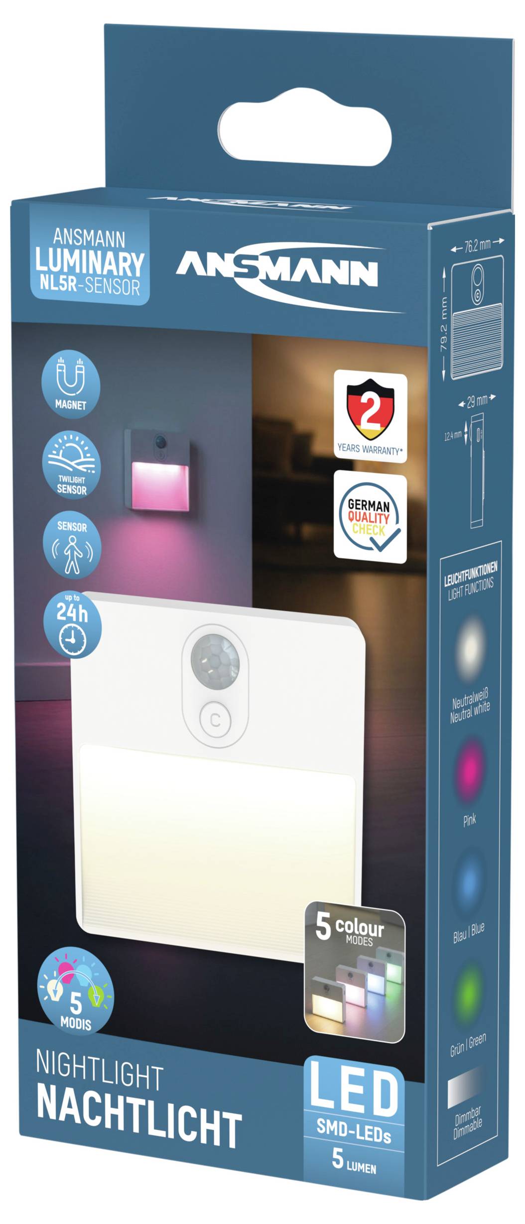 Ansmann Sensor-Nachtlicht NL5R wiederaufladbar 1600-0481 Nachtlicht mit Bewegungsmelder Rund LED Warmweiß Weiß