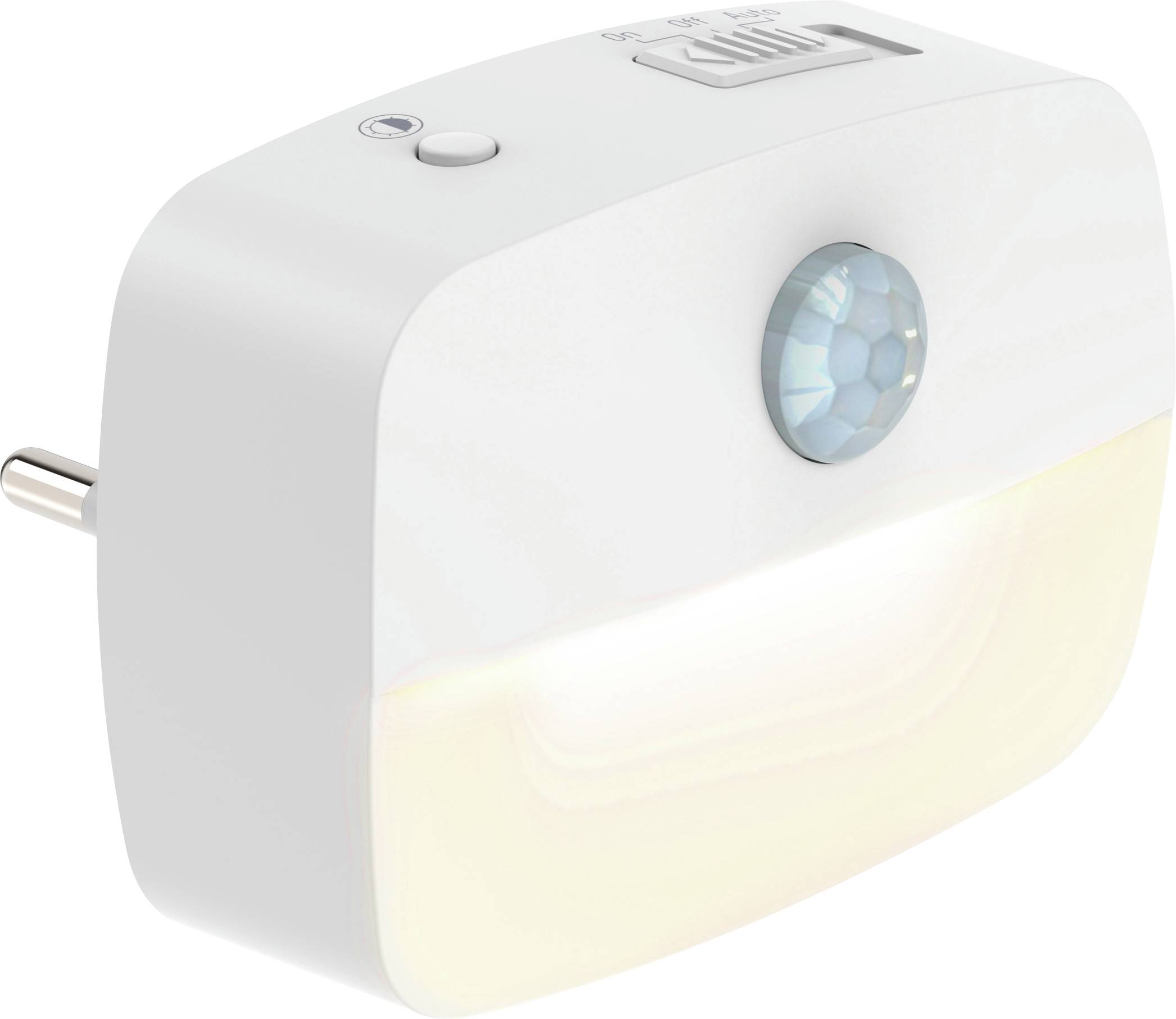 „Steckerleuchte mit Bewegungssensor an der Vorderseite und Ein-/Ausschalter oben, konzipiert für komfortable Beleuchtung in der Nacht.