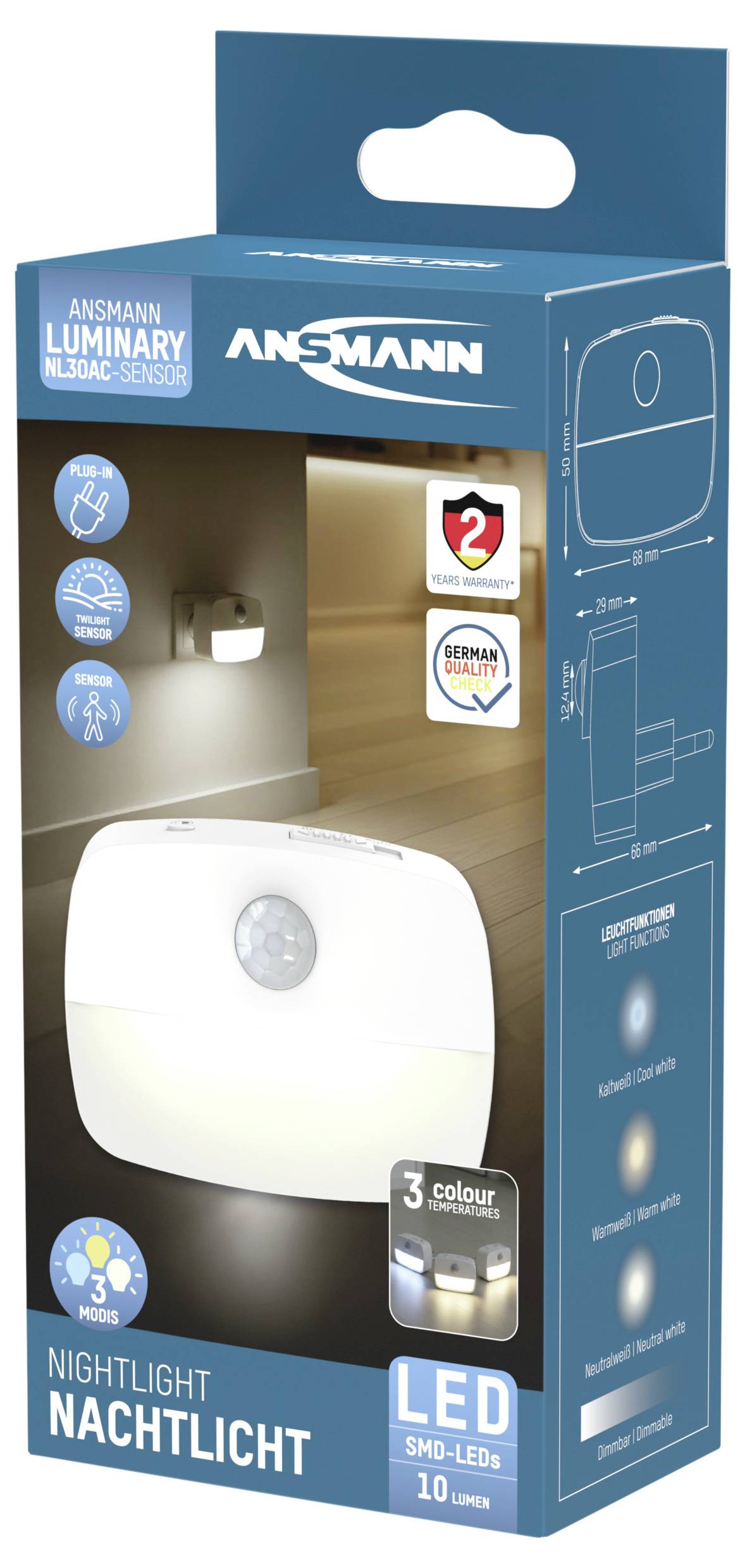 Ansmann Sensor-Nachtlicht NL30 AC 1600-0778 Nachtlicht mit Bewegungsmelder Rechteckig LED Warmweiß Weiß