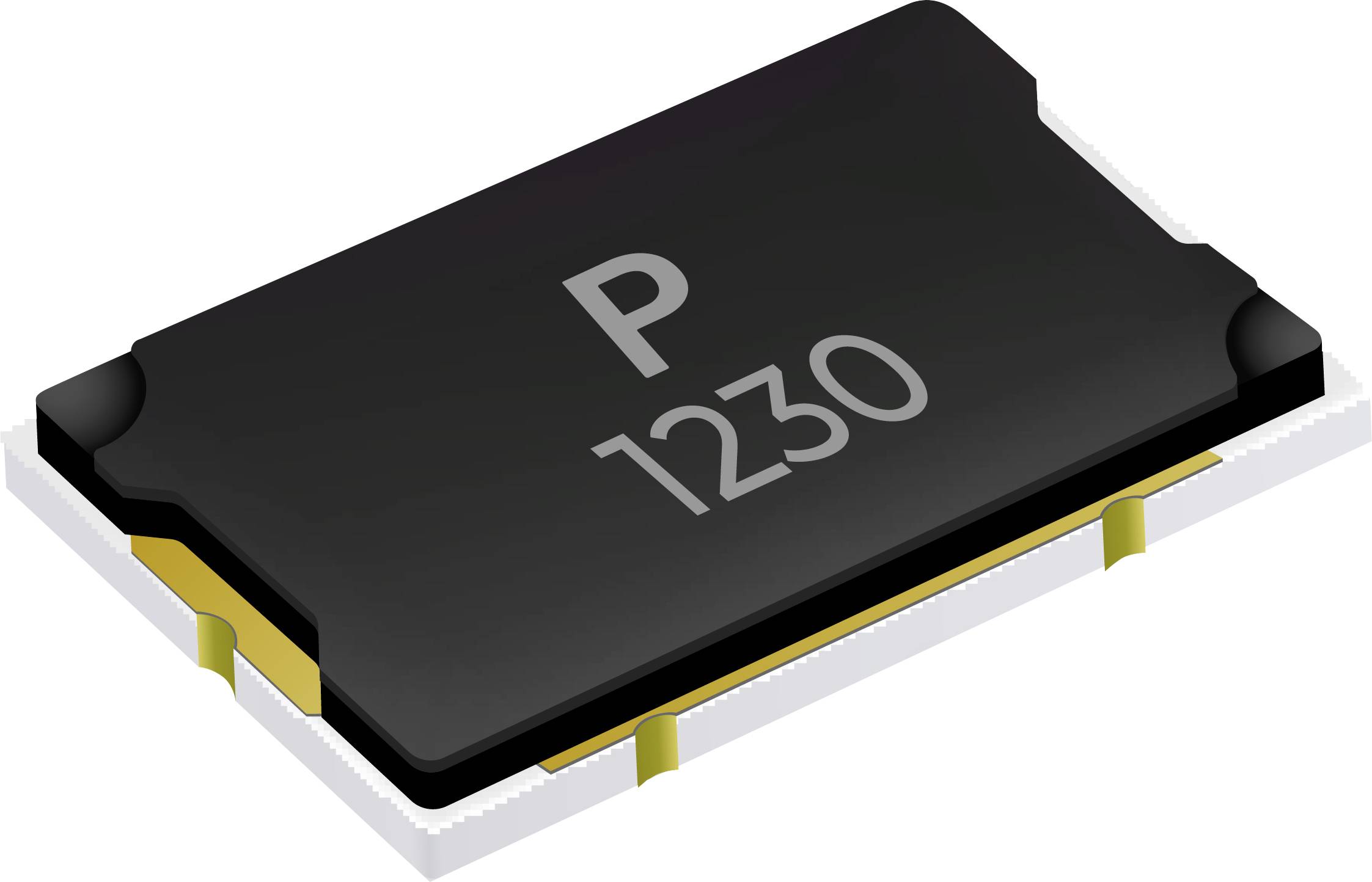 Eine schwarze rechteckige elektronische Komponente mit dem Buchstaben „P