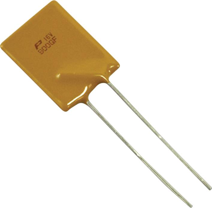 Ein rechteckiger orangefarbener Kondensator mit zwei Metalldrähten. Der Text auf dem Kondensator lautet „16V 500GF