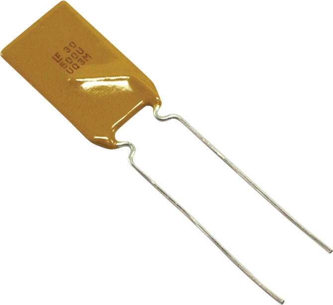 Eine rechteckige orangefarbene elektronische Komponente mit zwei Metalldrähten.