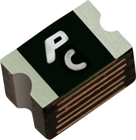 Ein rechteckiges elektronisches Bauteil in Schwarz und Silber mit einem „P