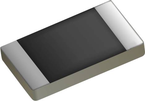 Eine kleine rechteckige elektronische Komponente, möglicherweise ein oberflächenmontierter Chipwiderstand, mit zwei metallischen Anschlüssen und einem dunklen zentralen Bereich.