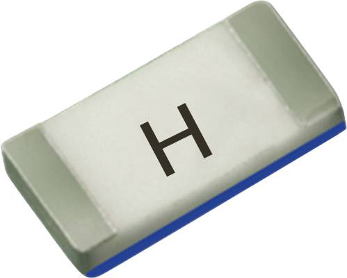 Ein kleines, rechteckiges Bauteil mit grauem Gehäuse und blauer Unterseite, das den schwarzen Buchstaben „H