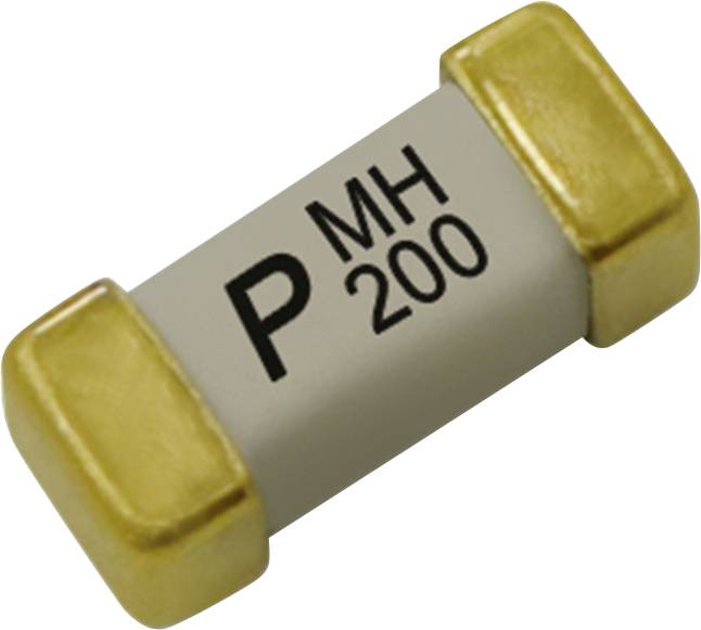 Eine kleine zylindrische elektronische Komponente mit goldfarbenen Enden, beschriftet mit 'PMH 200'.