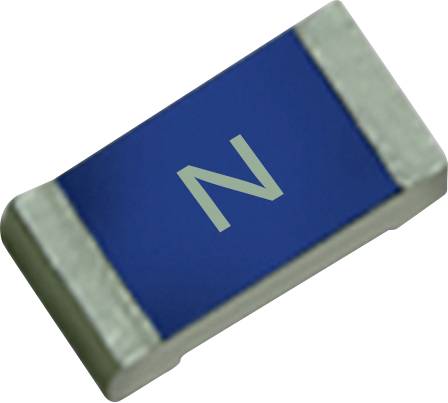 Eine kleine blau-silberne elektronische Komponente mit einem weißen „N