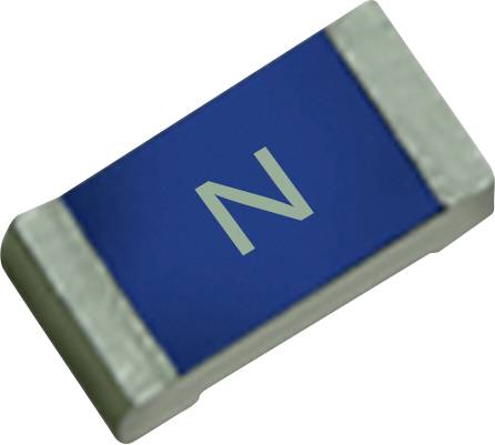 Eine blaue rechteckige elektronische Komponente mit silbernen Kanten, auf deren Oberfläche der Buchstabe 'N' zu sehen ist, wahrscheinlich ein Oberflächenmontage-Widerstand.