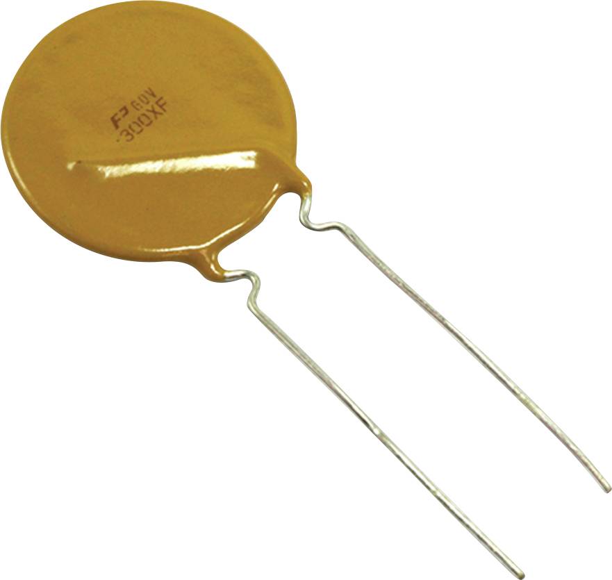 Das Bild zeigt einen kreisförmigen scheibenförmigen Varistor mit zwei Metallzuleitungen, die nach unten verlaufen. Er wird verwendet, um Schaltkreise vor Spannungsspitzen zu schützen.