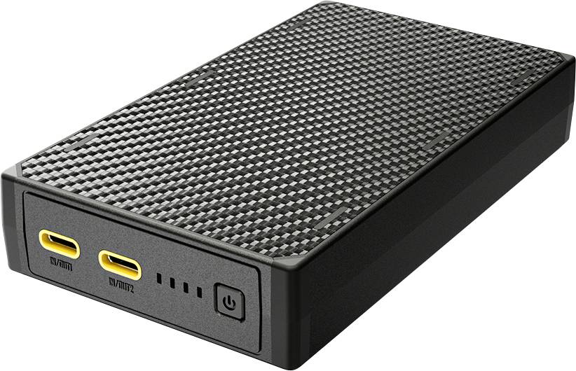 A black textured portable power bank with two yellow USB ports, indicator lights, and a power button on the side.