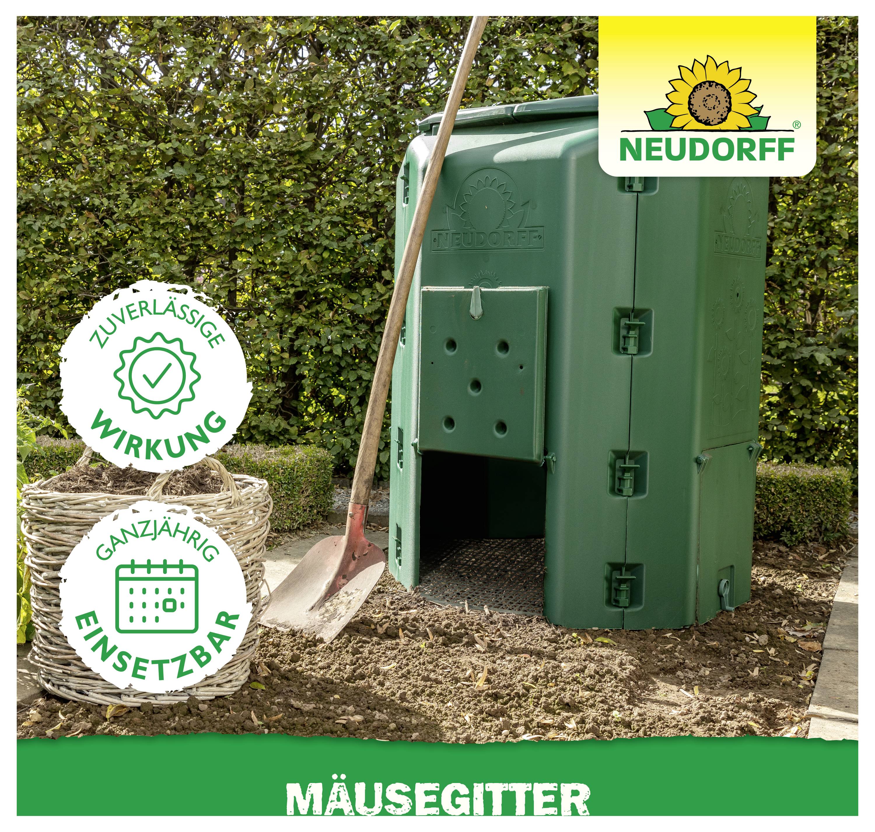 Grüner Mäusegitter-Kasten im Garten mit Schaufel; Siegel 'zuverlässige Wirkung' und 'ganzjährig einsetzbar', oben rechts Neudorff-Logo.
