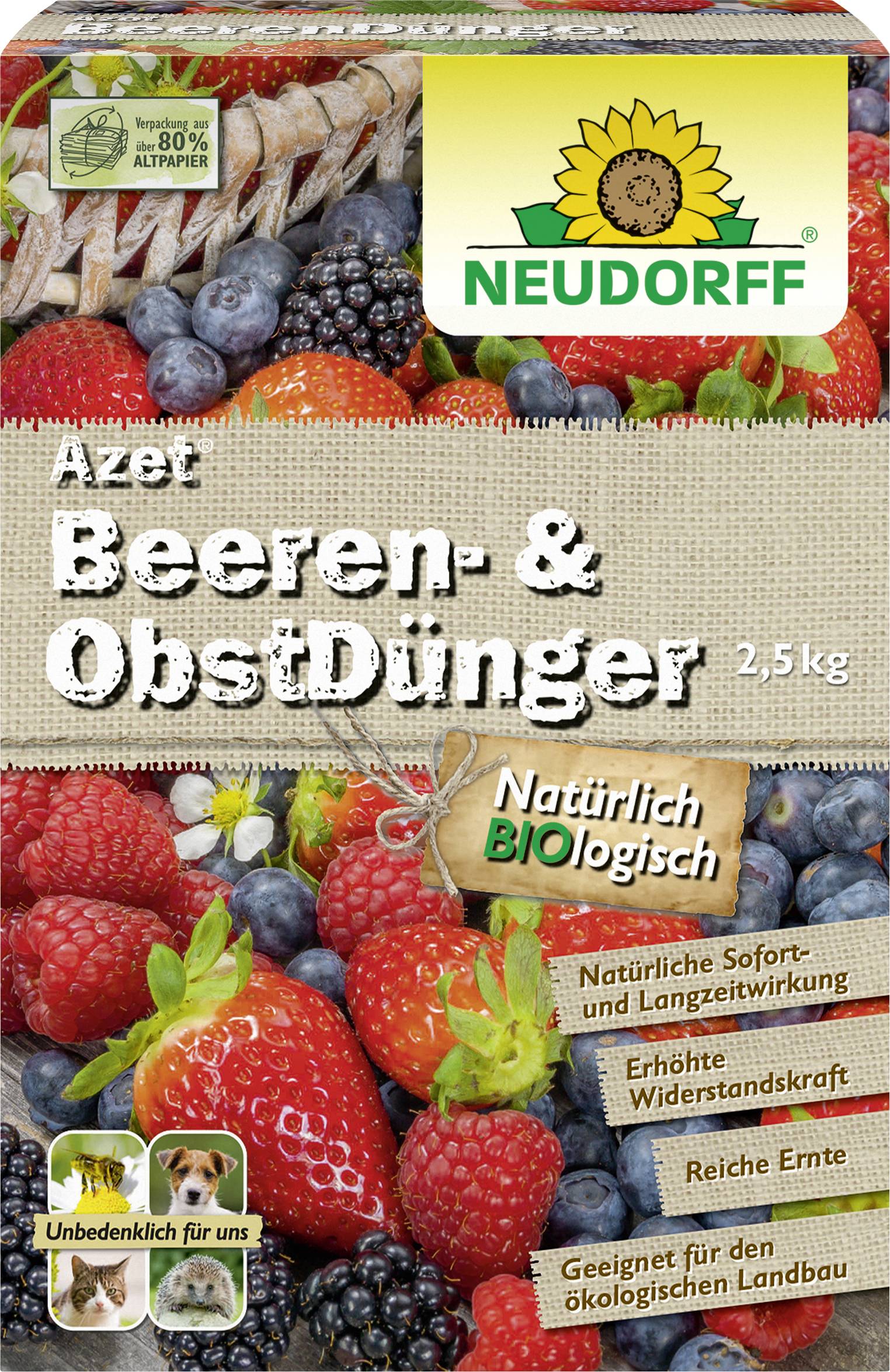 Neudorff Azet Beeren- & ObstDünger, 2,5 kg. Bio-Langzeitdünger für Beeren und Obst. Mit natürlichen Inhaltsstoffen und Eignung für umweltfreundliche Landwirtschaft.