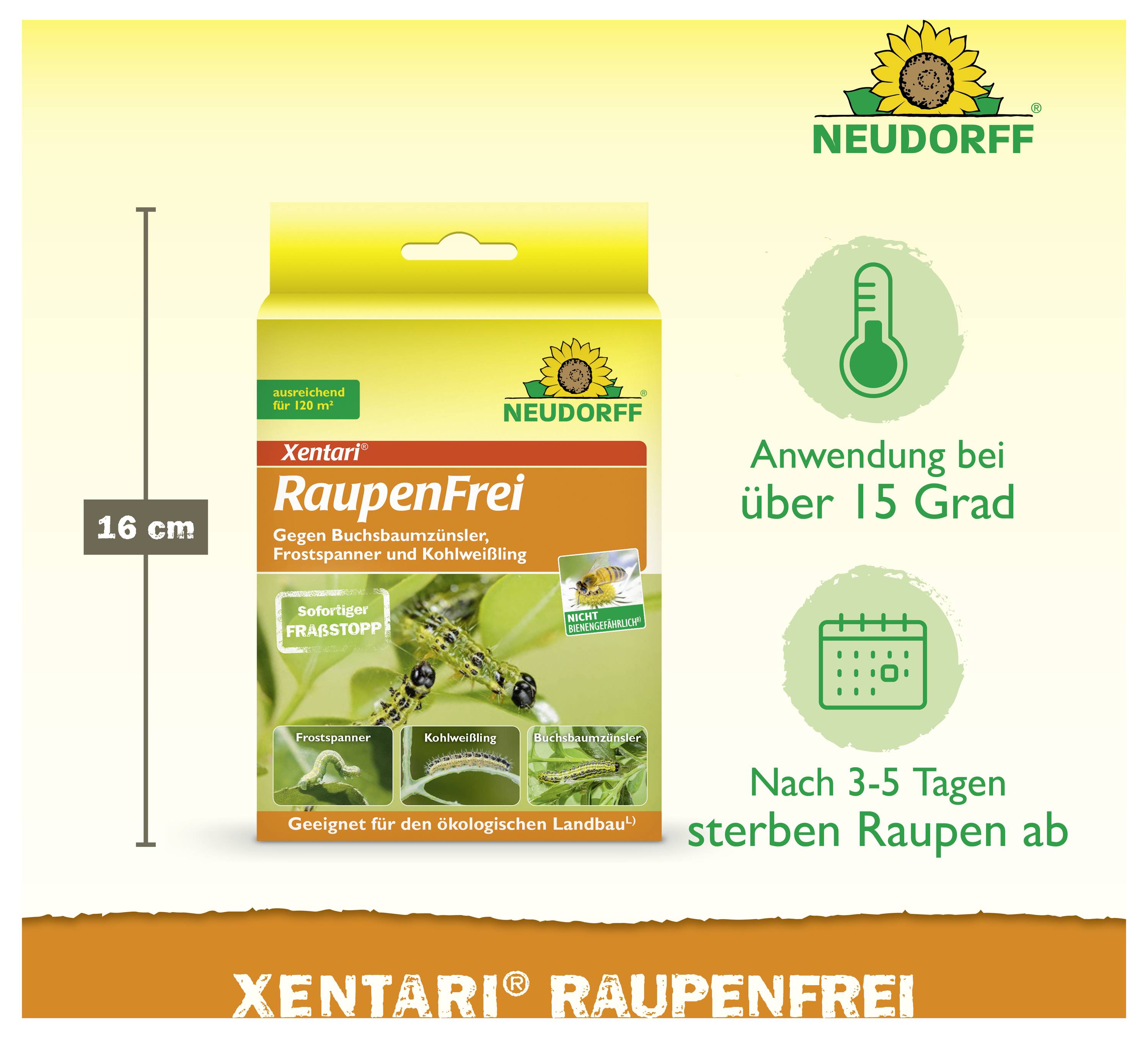 Produktabbildung von Neudorff Xentari RaupenFrei gegen Buchsbaumzünsler; wirkt ab über 15 Grad, Raupen sterben nach 3–5 Tagen ab; Packung ca. 16 cm hoch.