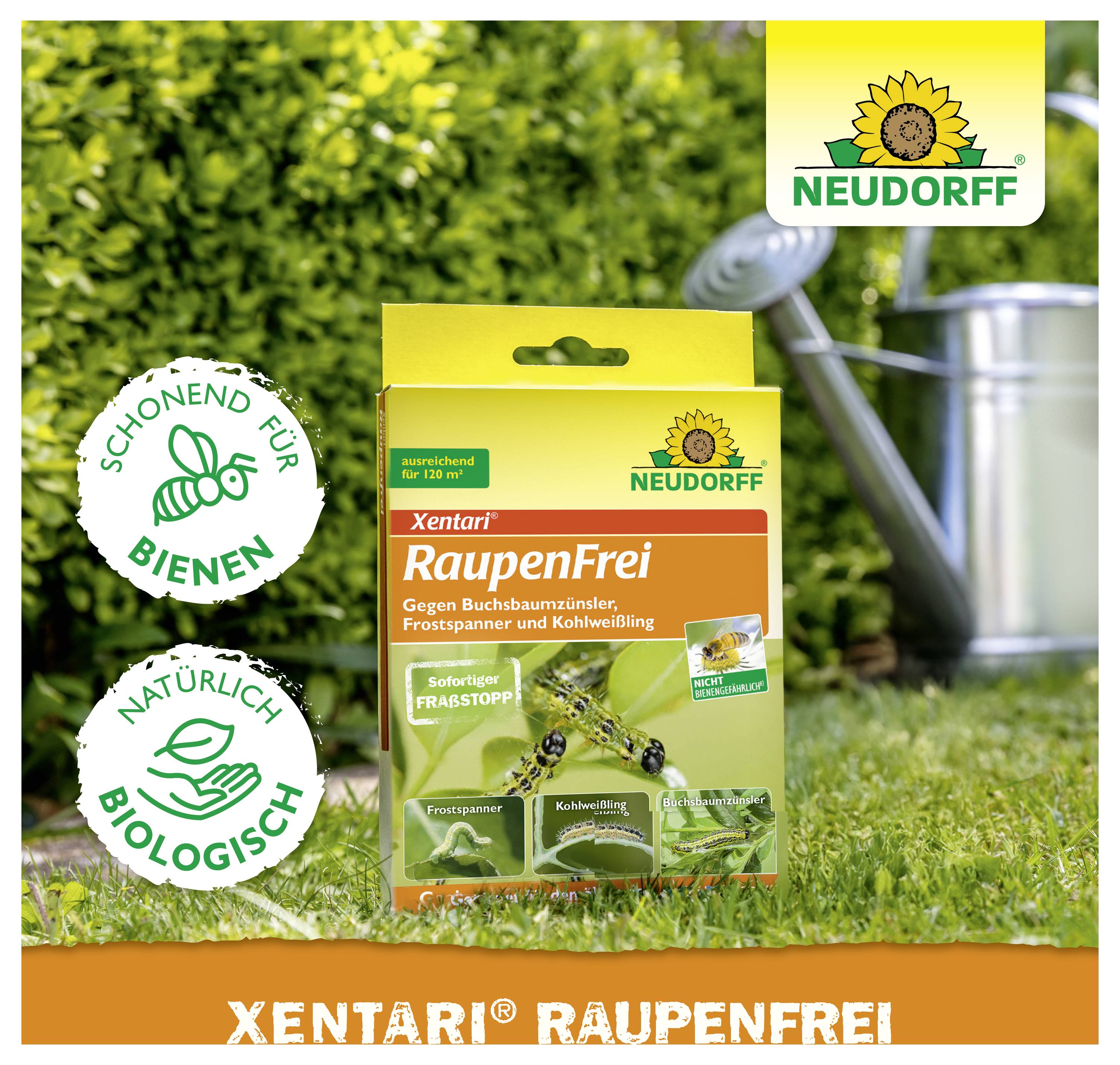 Verpackung von 'Xentari RaupenFrei' von Neudorff im Garten, mit Hinweis auf Schutz für Bienen und biologische Inhaltsstoffe.