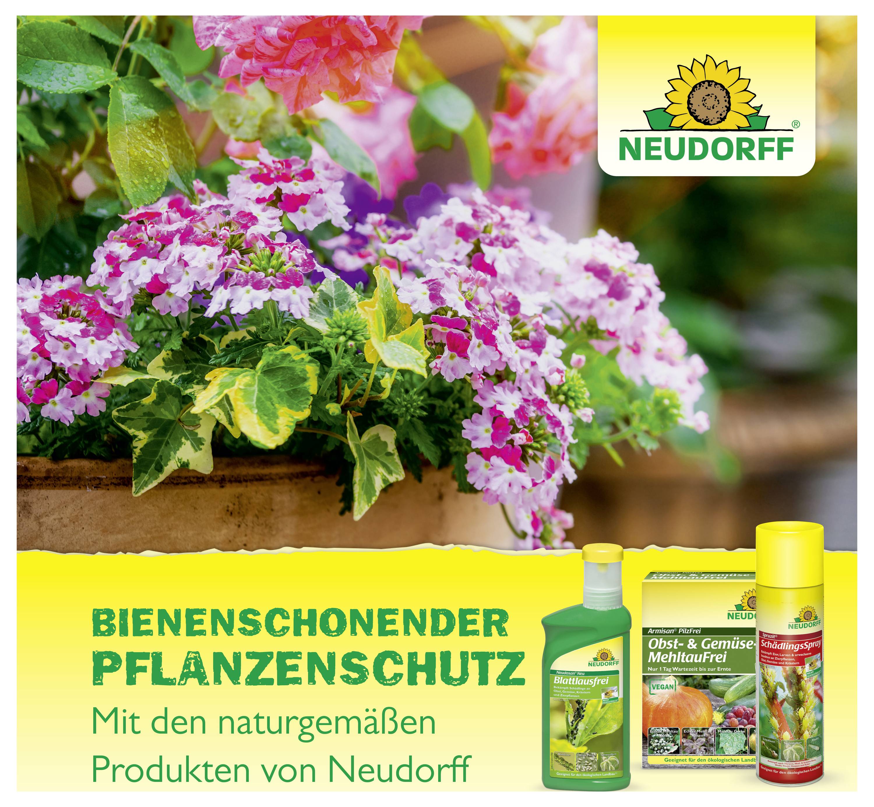 Werbeanzeige für Neudorff: blühende Balkonpflanzen und Produkte für bienenschonenden, naturnahen Pflanzenschutz mit Slogan 'BIENENSCHONENDER PFLANZENSCHUTZ'.