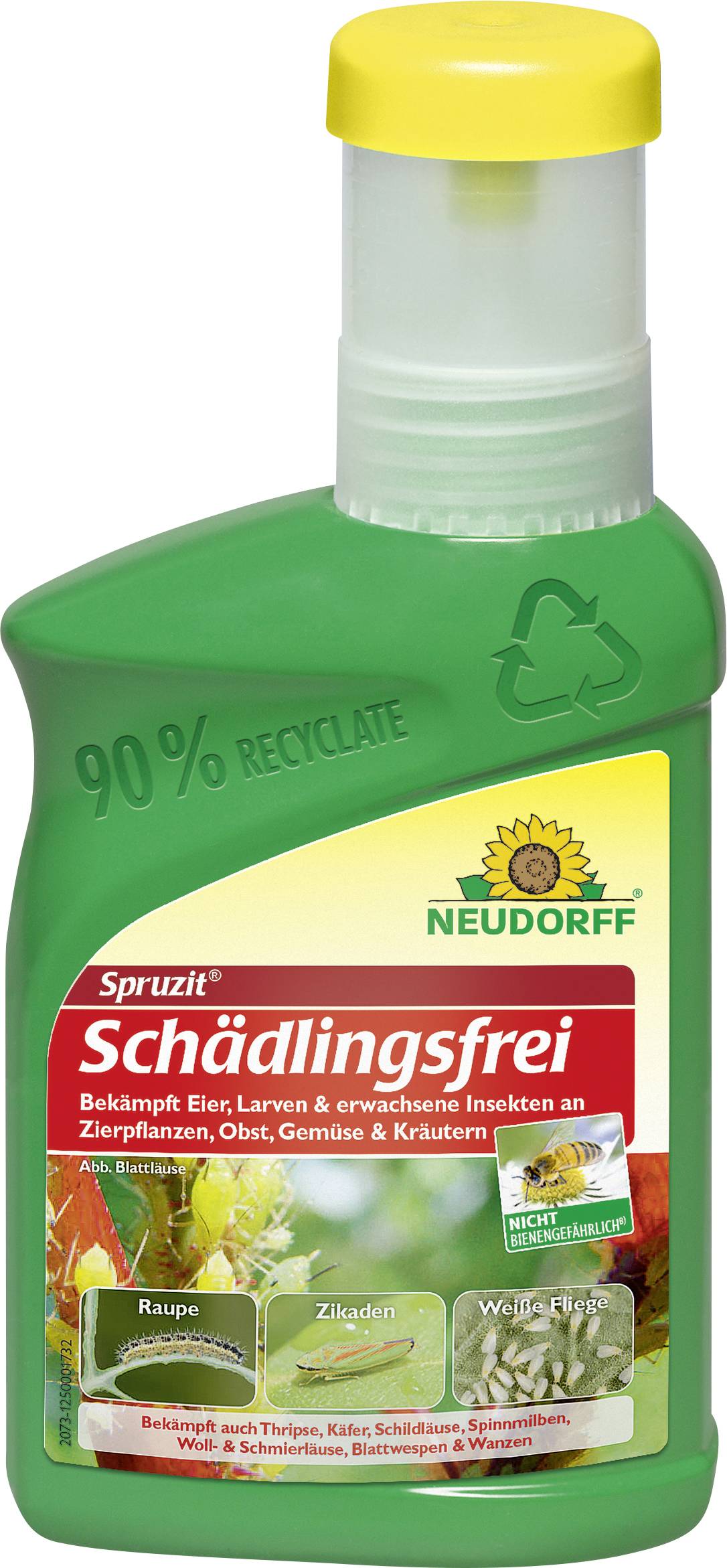 Eine grüne Flasche der Neudorff Spruzit Schädlingsbekämpfungslösung, beschriftet auf Deutsch, mit Bildern von Pflanzen und Insekten.