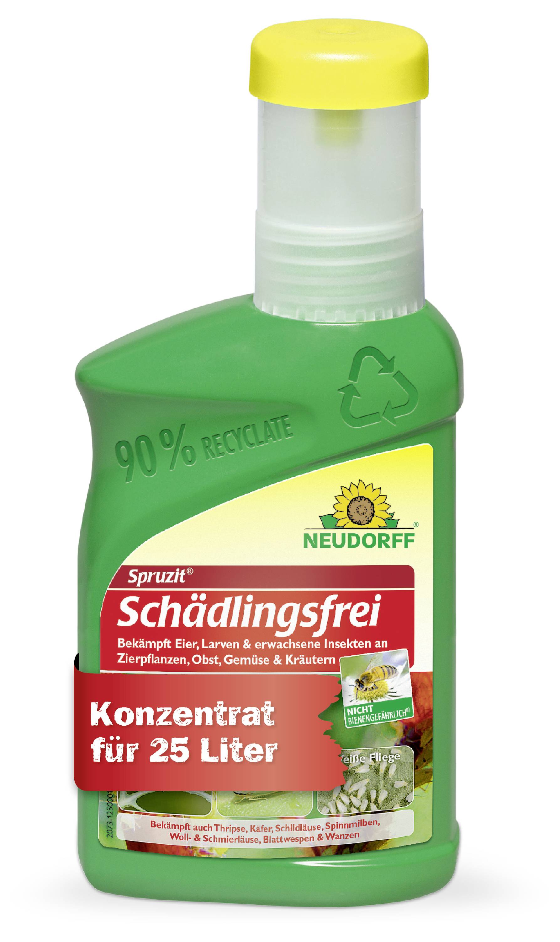 Grünes Neudorff 'Spruzit Schädlingsfrei'-Konzentrat mit gelbem Verschluss, Insektizid gegen Schädlinge, für 25 Liter.