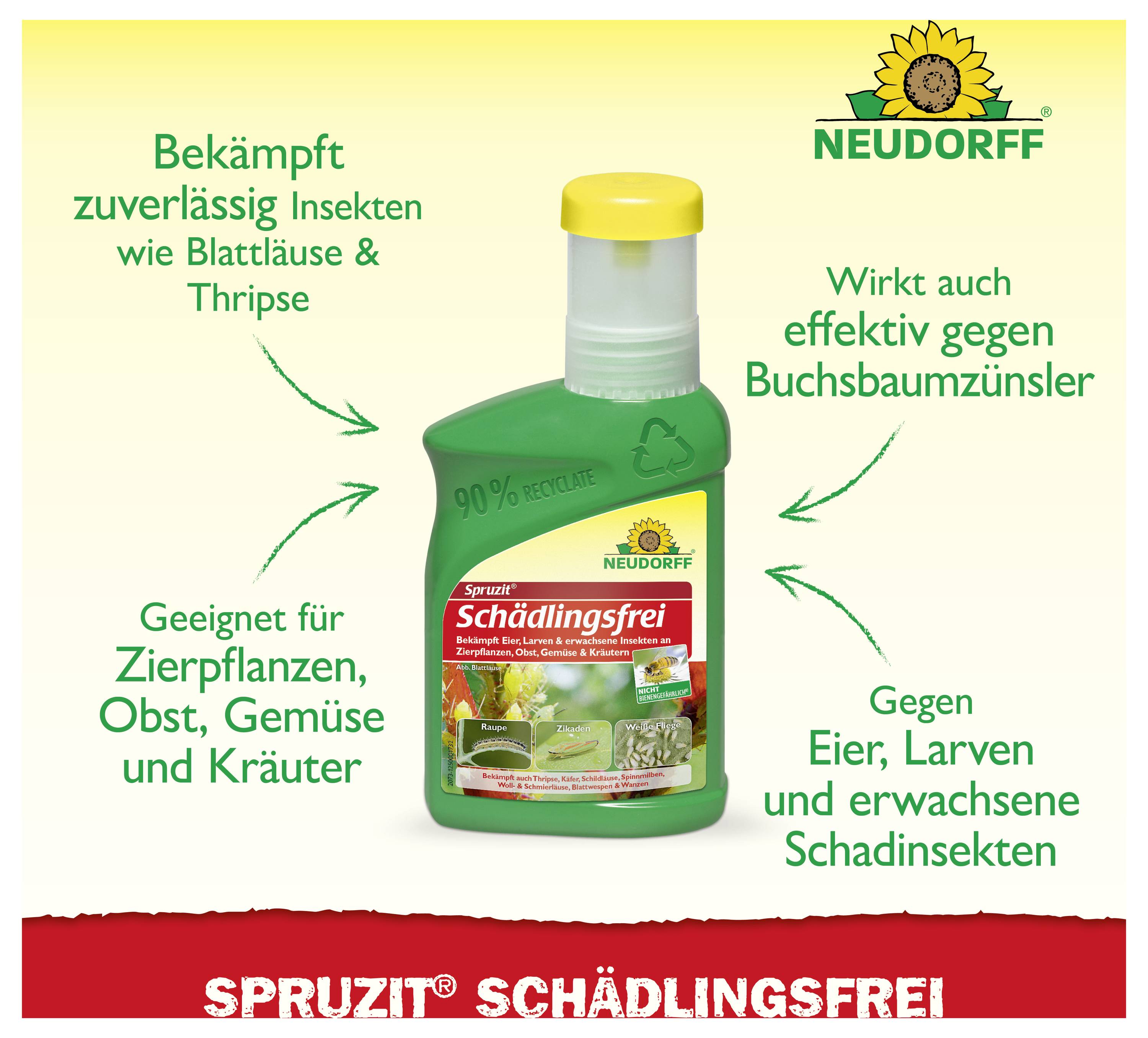 Werbegrafik für Neudorff 'Spruzit Schädlingsfrei': grüne Sprühflasche, wirksam gegen Blattläuse, Thripse, Buchsbaumzünsler sowie Eier, Larven und erwachsene Insekten; für Zierpflanzen, Obst, Gemüse, Kräuter.