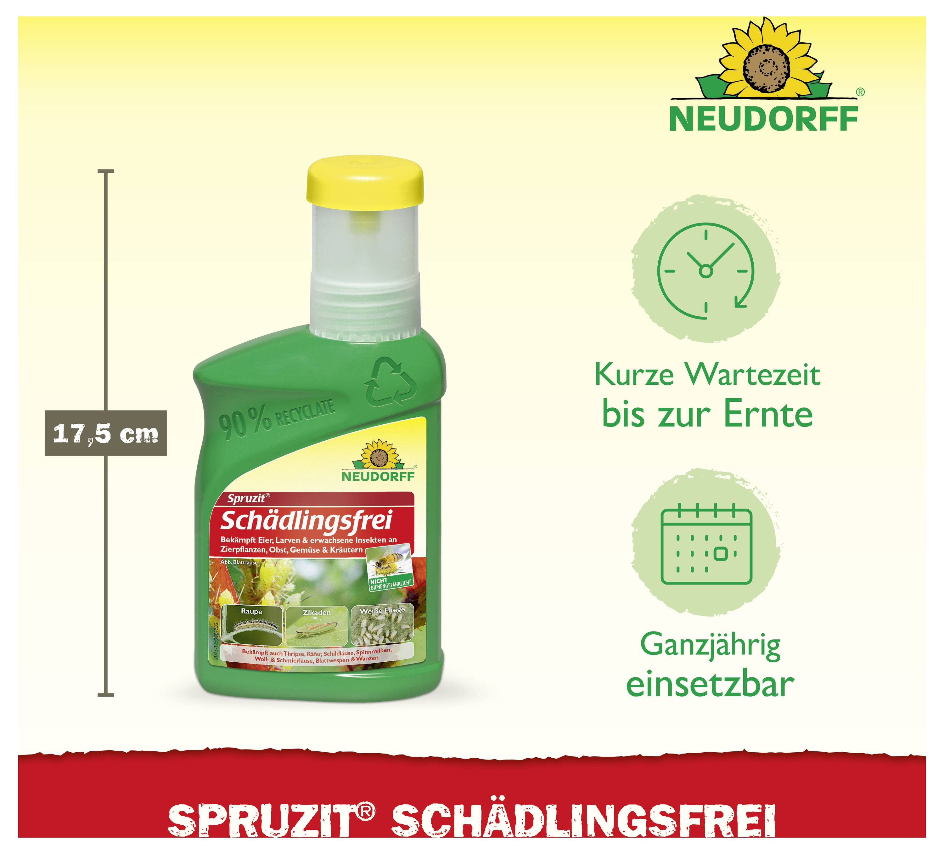 Produktbild eines grünen Neudorff-Spritzmittels mit gelber Kappe; Angaben: 17,5 cm hoch, kurze Wartezeit bis zur Ernte, ganzjährig einsetzbar.