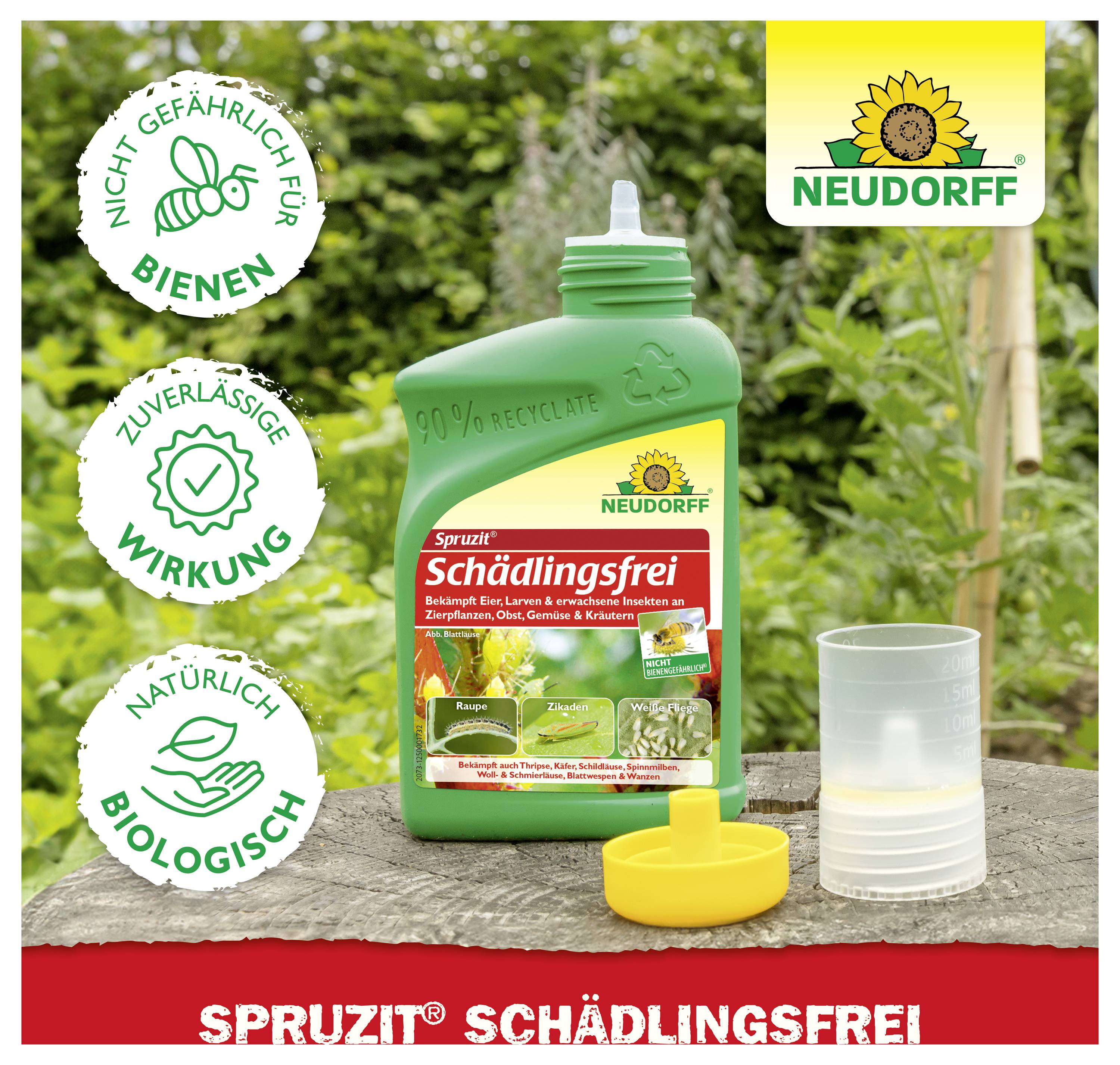 Produktbild eines grünen Neudorff-Spritzmittels 'Spruzit Schädlingsfrei' mit Messbecher und Siegeln zu bienenfreundlich, wirksam, natürlich-biologisch.