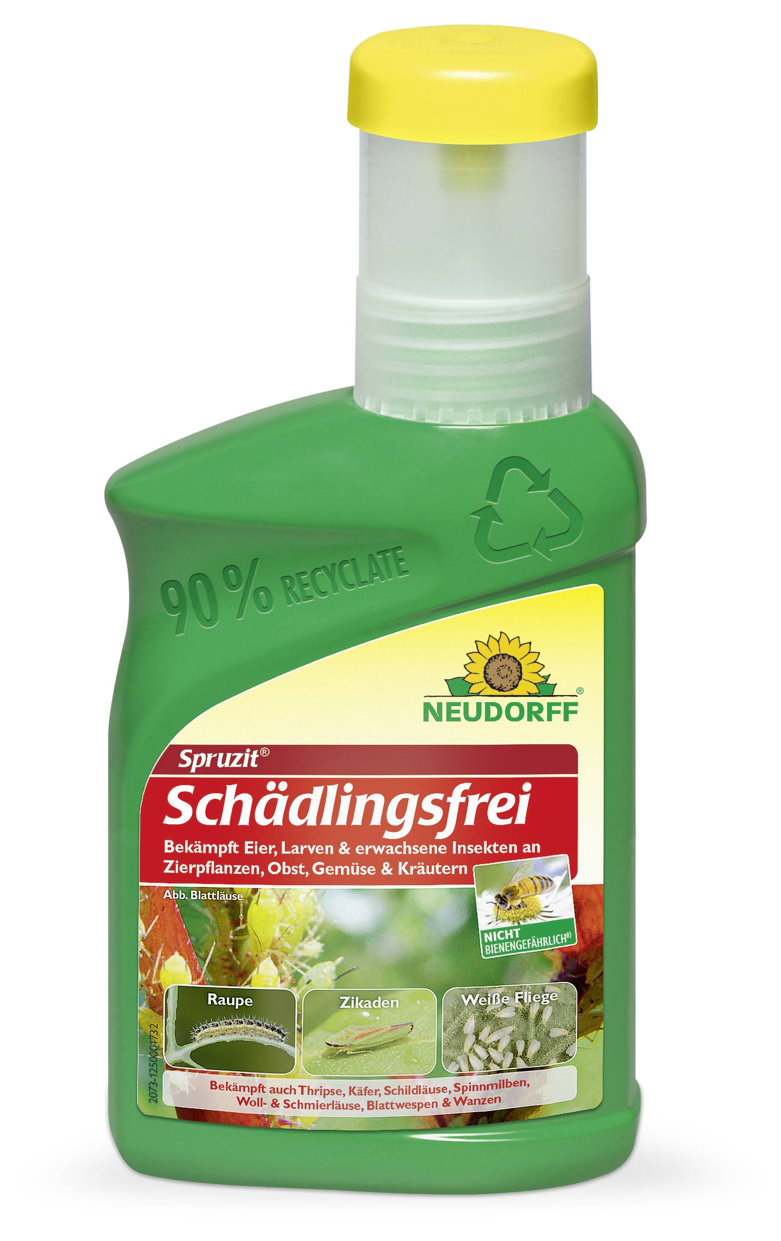 Grüne Spruzit-Schädlingsfrei-Flasche von Neudorff mit gelbem Verschluss; Insektizid gegen Schädlinge an Zierpflanzen, Obst, Gemüse und Kräutern.