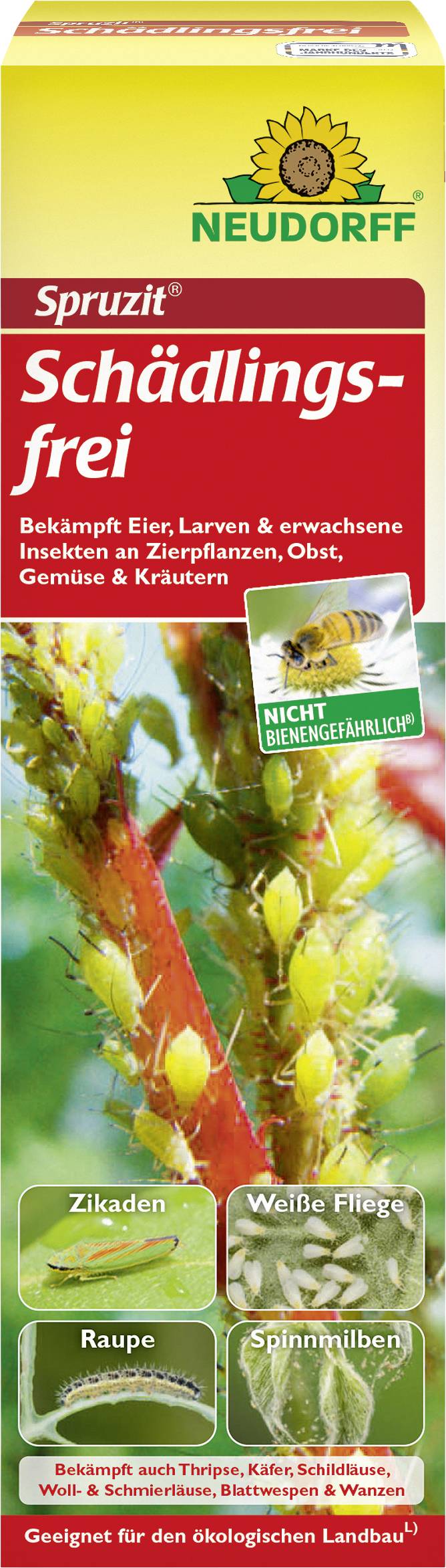 Eine gelb-grüne Neudorff Spruzit-Schachtel mit einem Bild von Pflanzen und Schädlingsinformationen, die ein Insektizid bewirbt, das für Zier- und Nutzpflanzen wirksam ist.