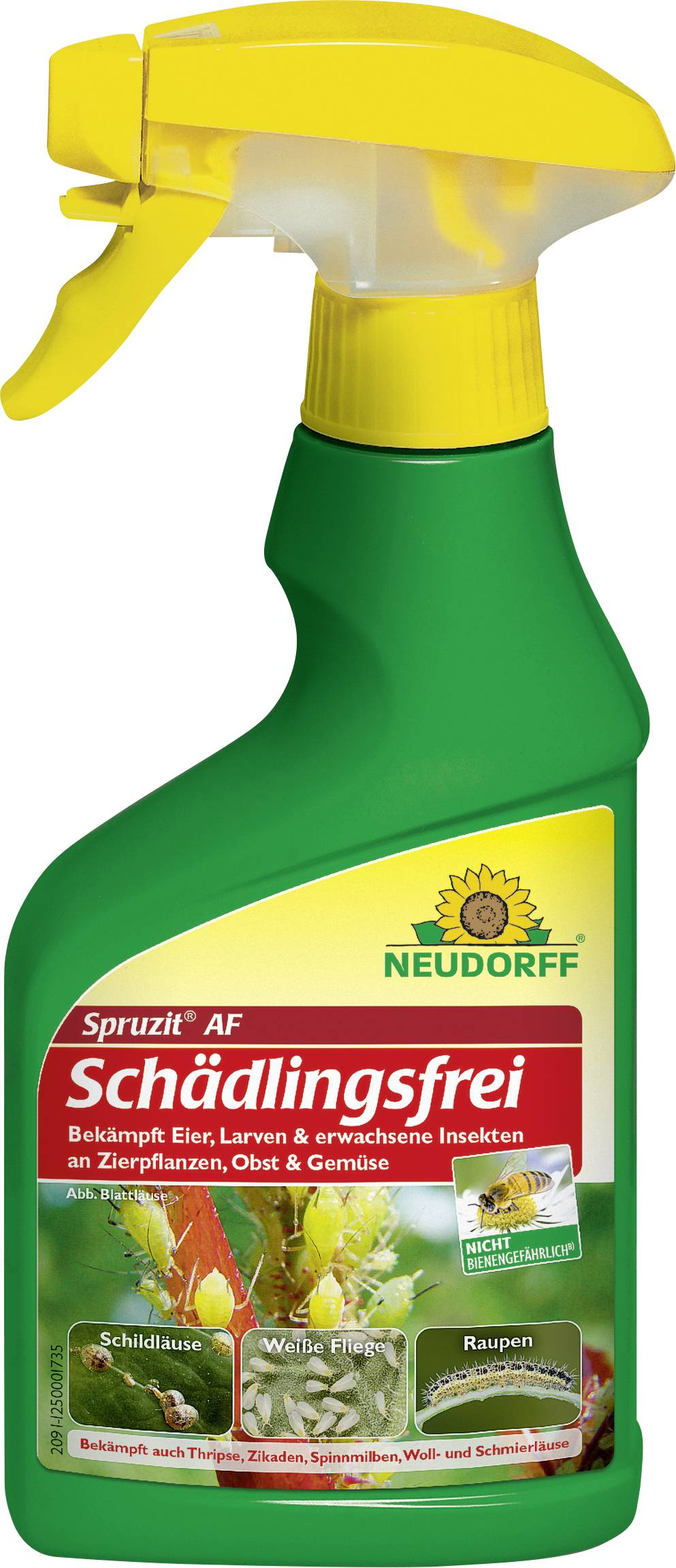'Neudorff Spruzit AF Schädlingsfrei' Schädlingsbekämpfungsspray in einer Sprühflasche mit gelbem Sprühkopf, verwendet zur Bekämpfung von Insekten an Zierpflanzen.