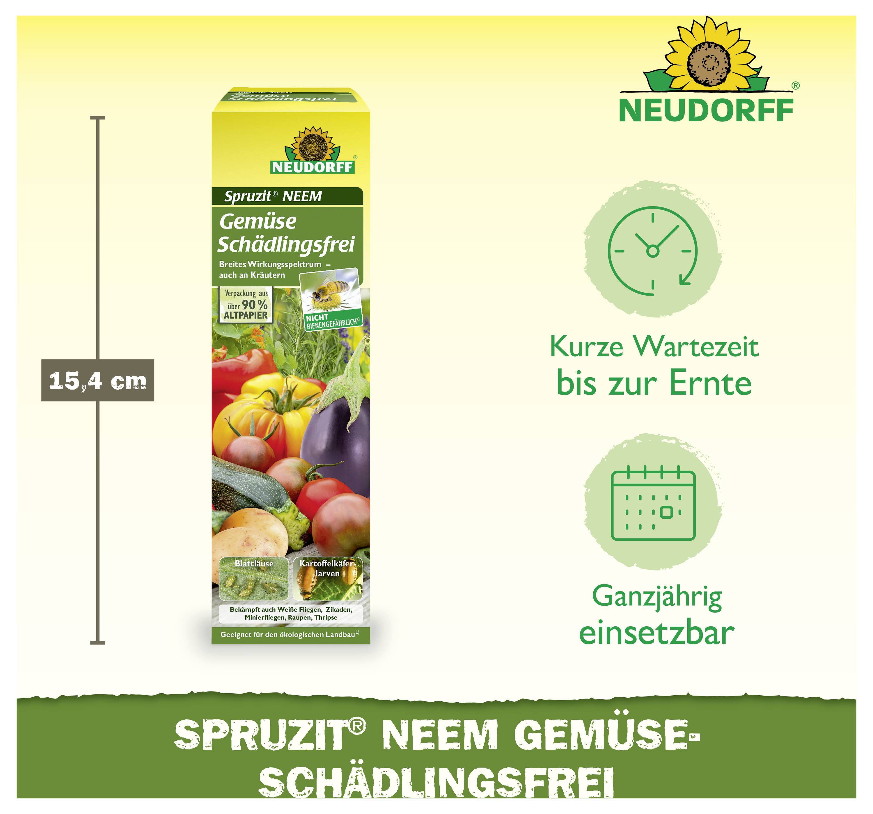 Werbeanzeige für Neudorff Spruzit Neem Gemüse-Schädlingsfrei; zeigt eine 15,4 cm hohe Produktverpackung, kurze Wartezeit bis zur Ernte und ganzjährigen Einsatz.