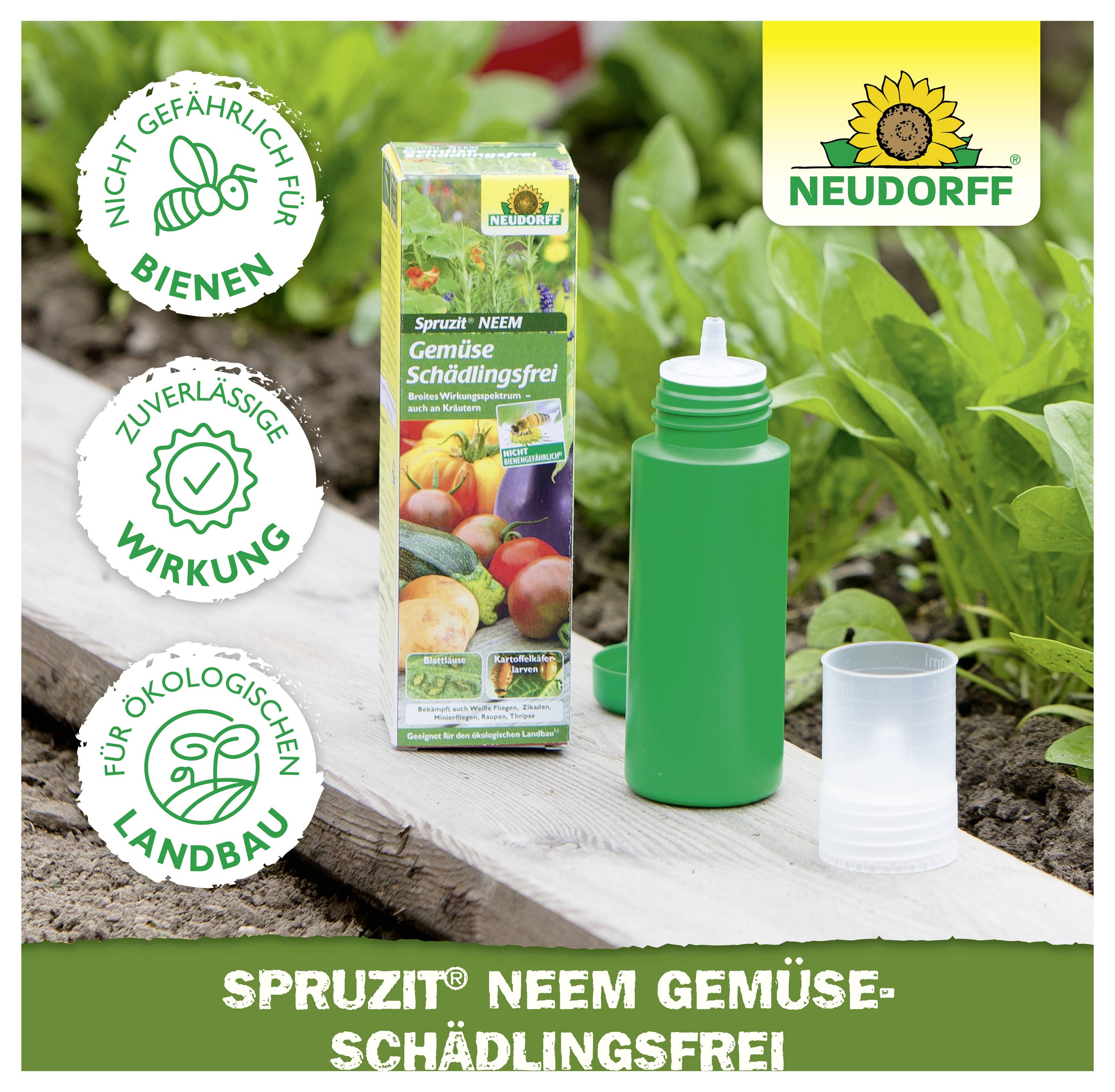 Werbung für NEUDORFF Spruzit Neem Gemüse-Schädlingsfrei: grüne Sprühflasche, Verpackung und Siegel 'nicht gefährlich für Bienen', 'zuverlässige Wirkung', 'für ökologischen Landbau'.