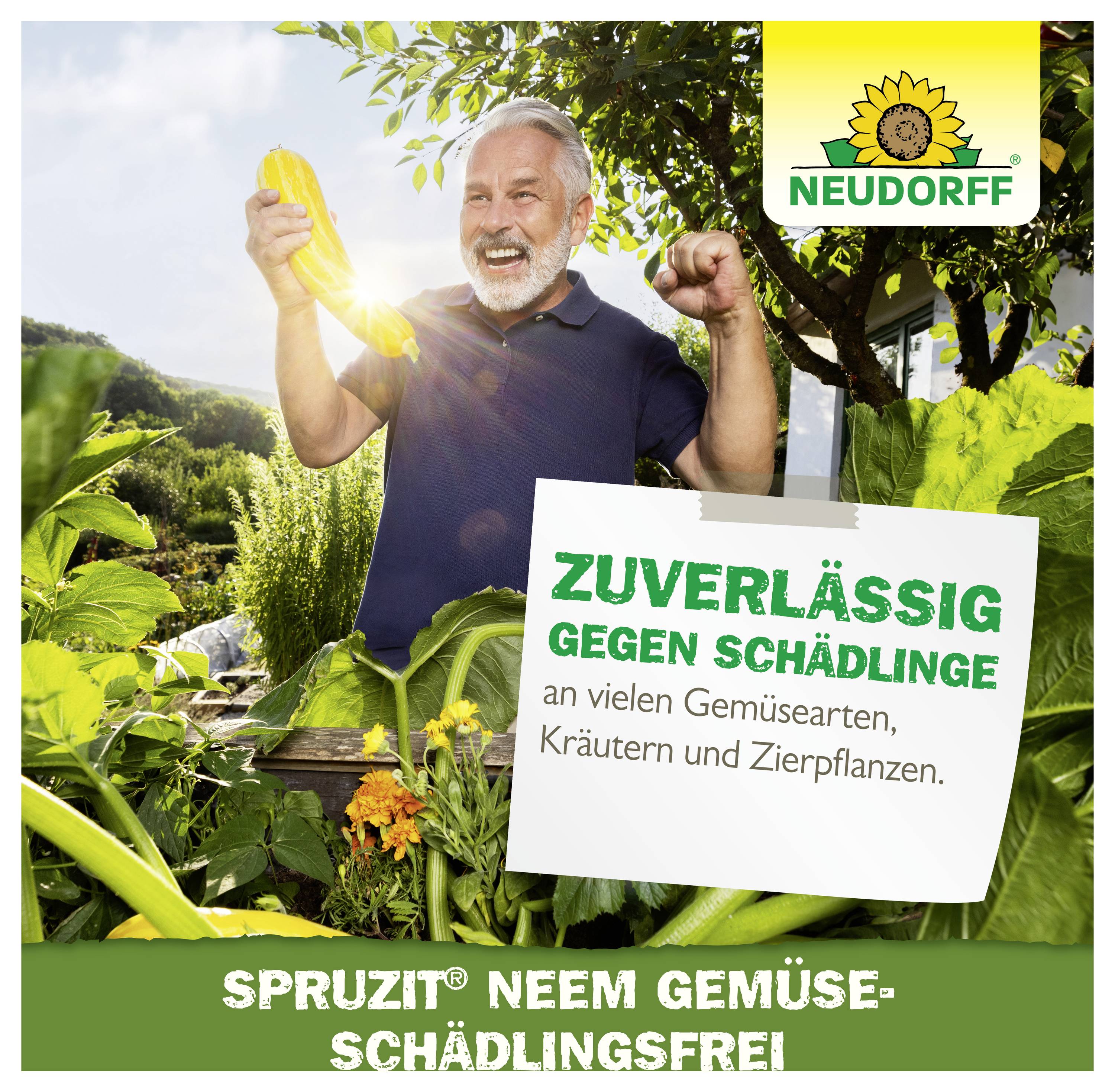 Werbeposter: lächelnder Mann im Gemüsegarten hält gelbe Spritzflasche; Text 'Zuverlässig gegen Schädlinge' und 'Spruzit Neem Gemüse-Schädlingsfrei' mit Neudorff-Logo.