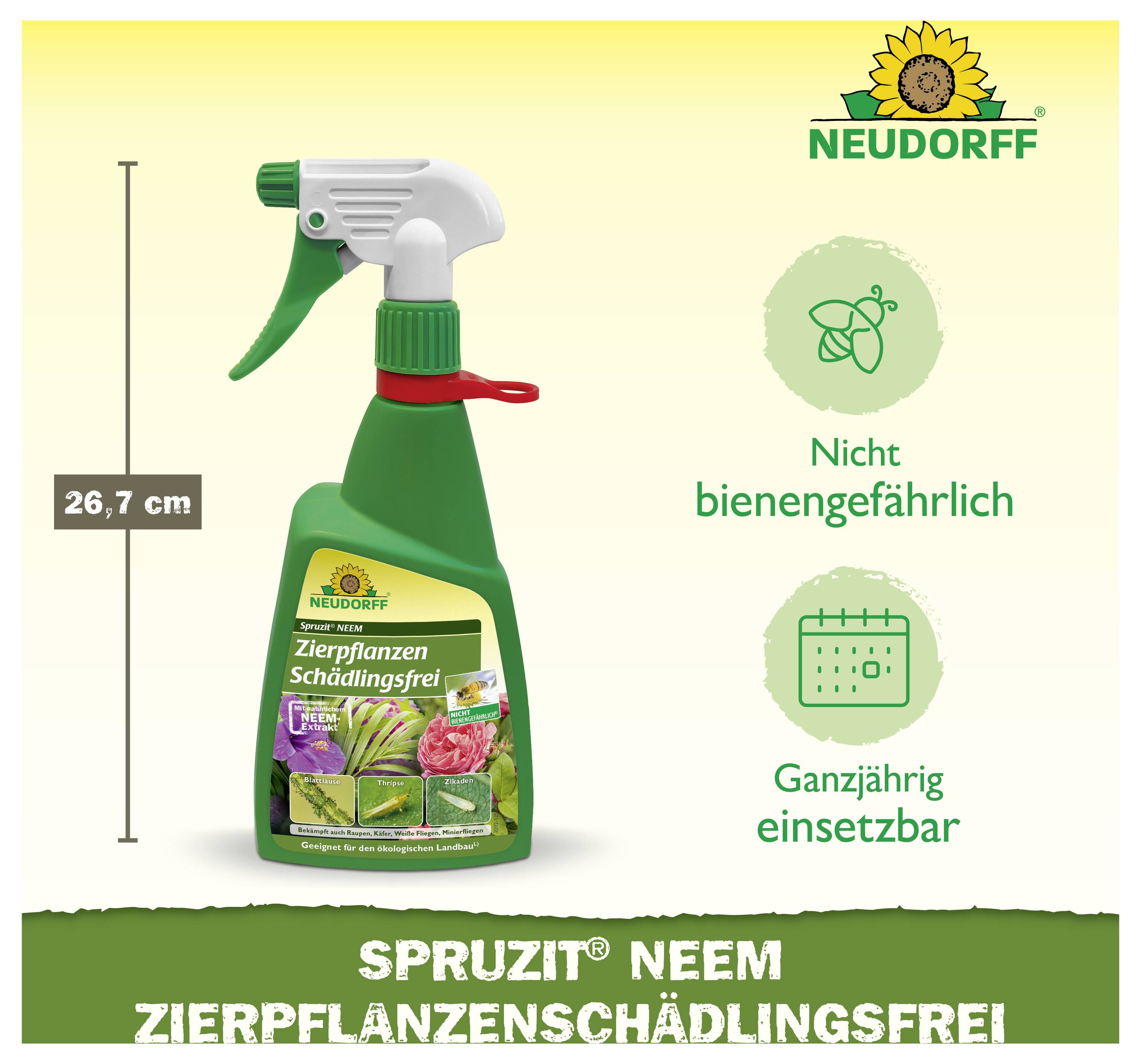 Neudorff Spritzflasche 'Spruzit Neem Zierpflanzenschädlingsfrei', 26,7 cm hoch; Hinweise: 'Nicht bienengefährlich' und 'Ganzjährig einsetzbar'.