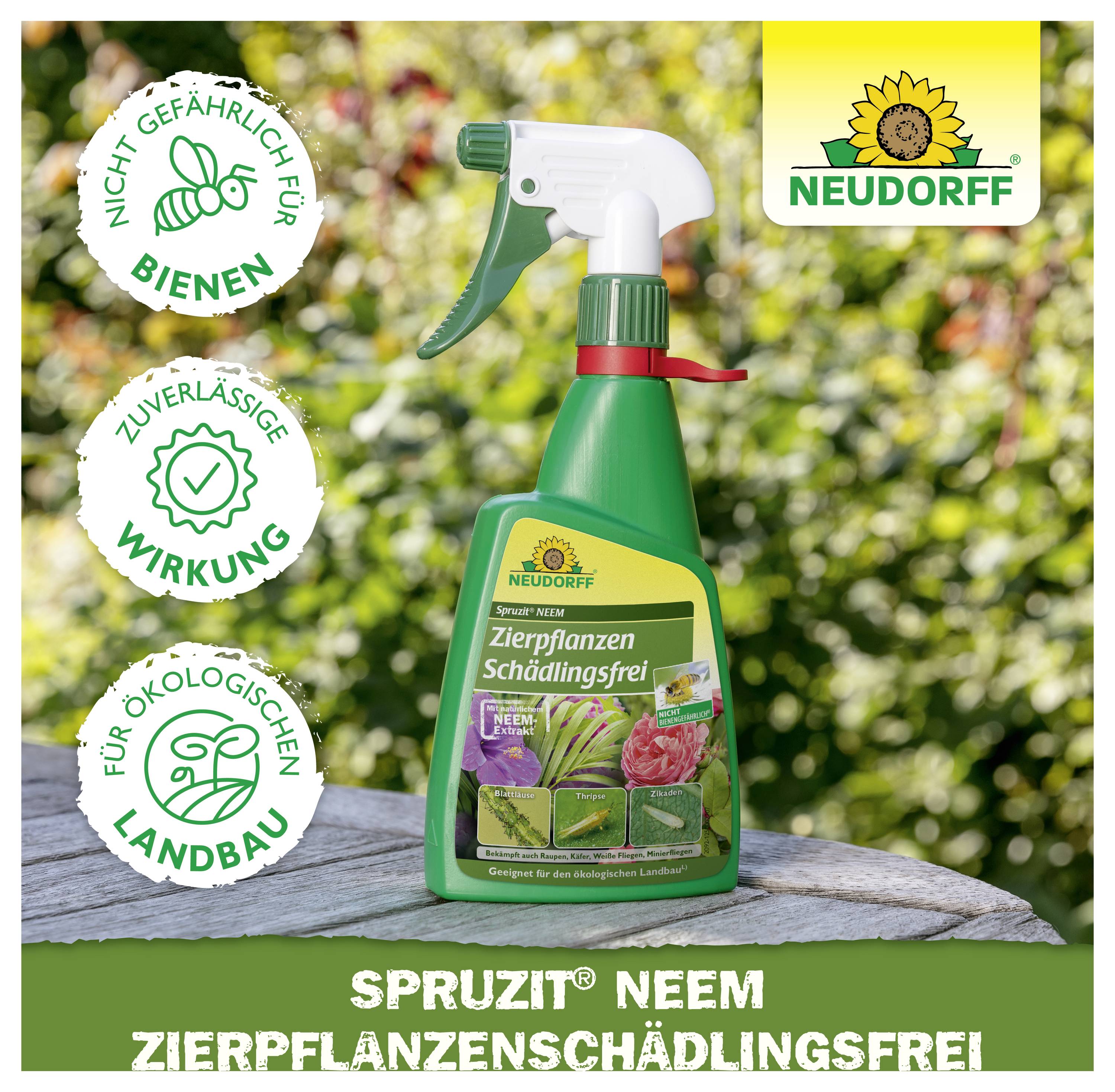 Sprayflasche 'Sprüzit Neem Zierpflanzenschädlingsfrei' von Neudorff mit Hinweisen: nicht gefährlich für Bienen, zuverlässige Wirkung, für ökologischen Landbau.