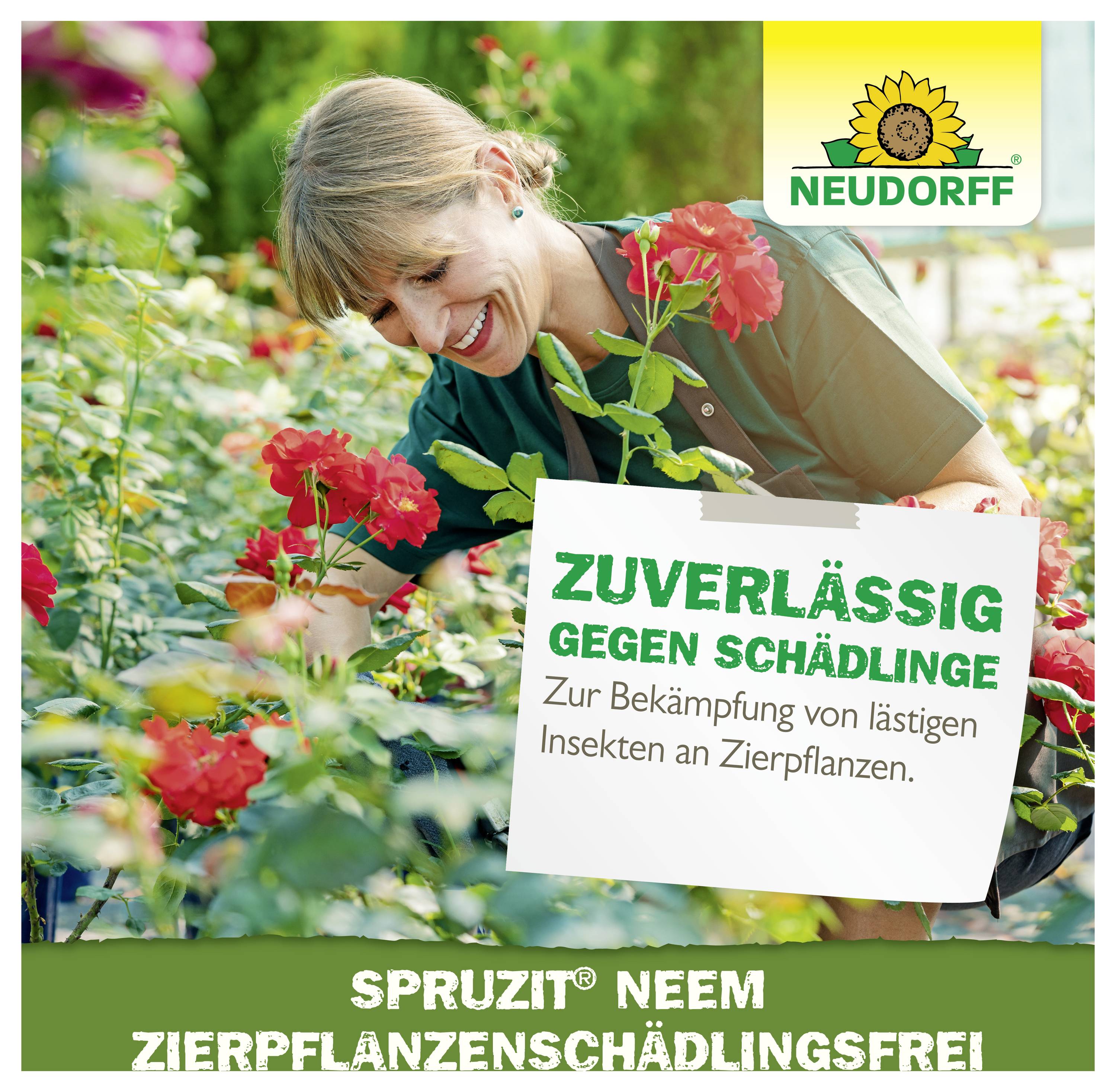 Lächelnde Gärtnerin in einem Blumenbeet; Werbeplakat von NEUDORFF für 'Spruzit Neem' gegen Schädlinge an Zierpflanzen.